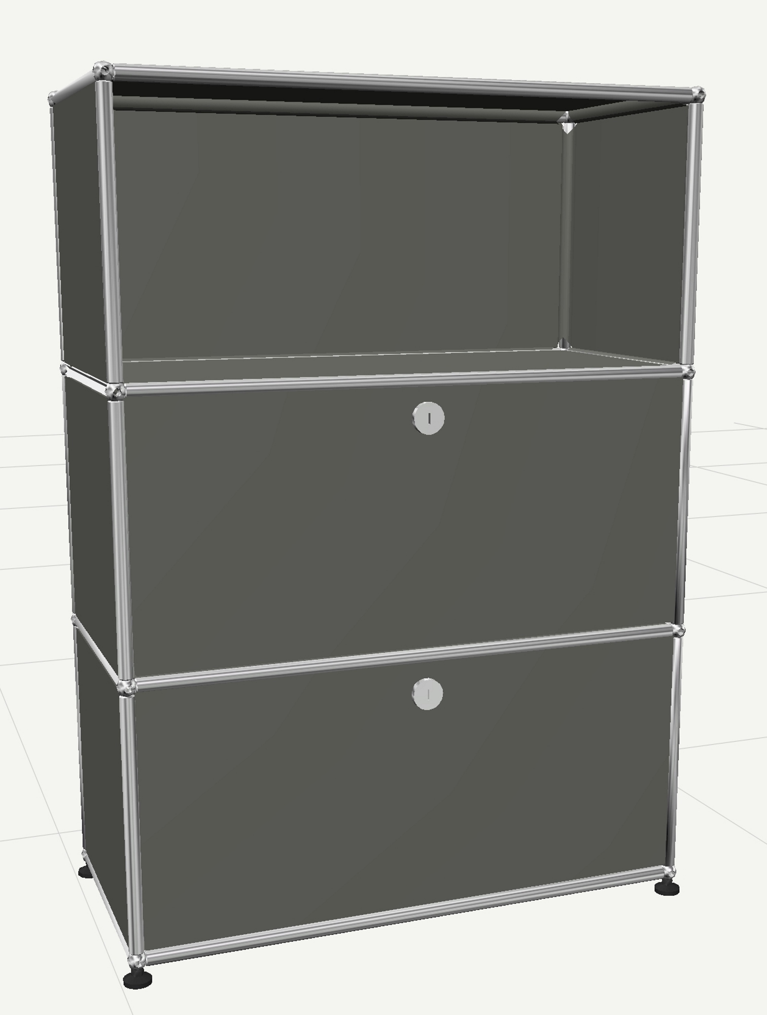 USM Haller Highboard in Mittelgrau mit zwei Klappen und einem offenen Fach.