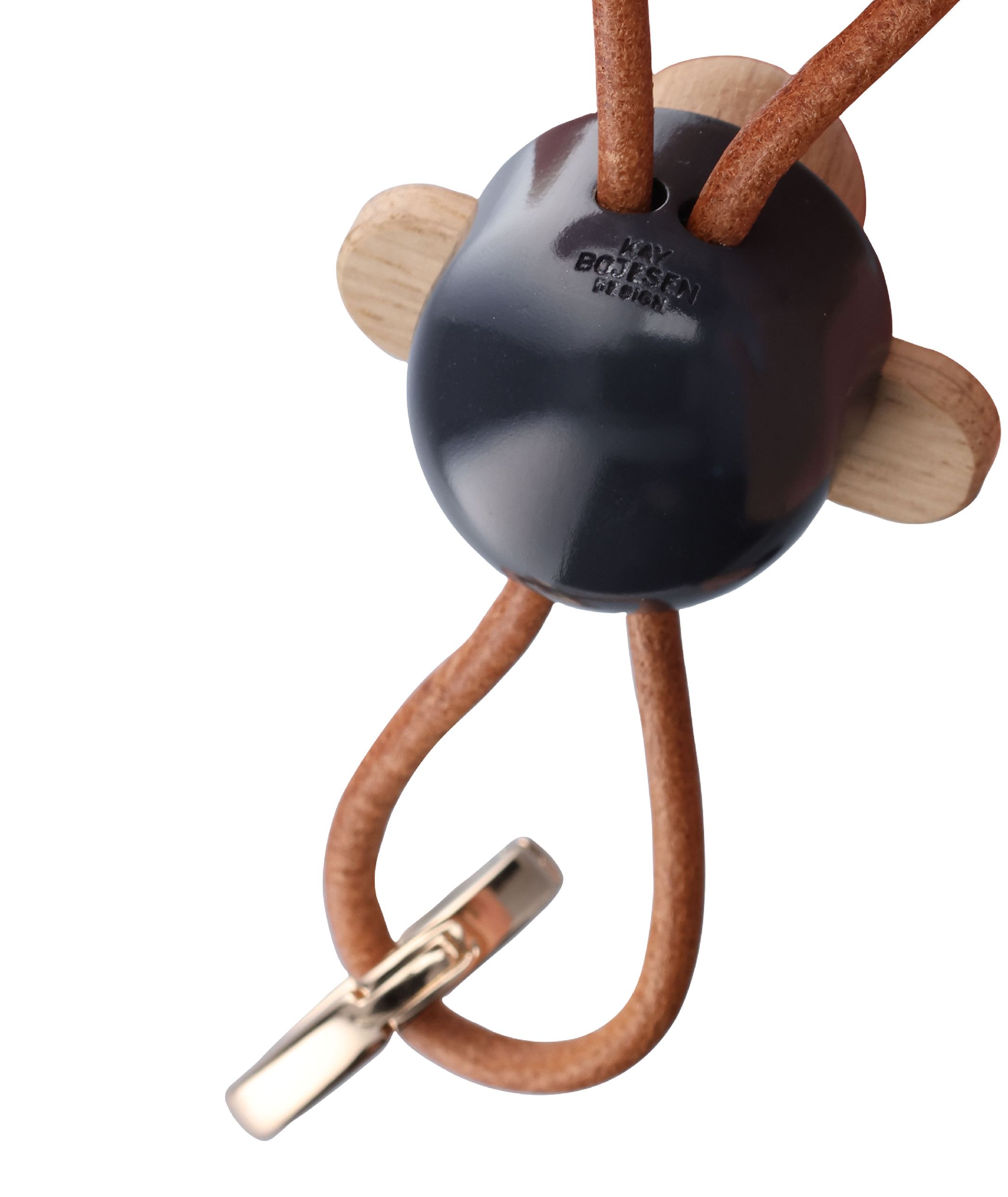 Porte-clés singe gris foncé en métal doré et cuir naturel Kay Bojesen