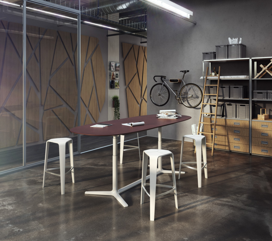 Brunner Lift Konferenztisch, höhenverstellbar, in modernem Büro mit Stühlen und Regalen. Konferenztische für Besprechungen.