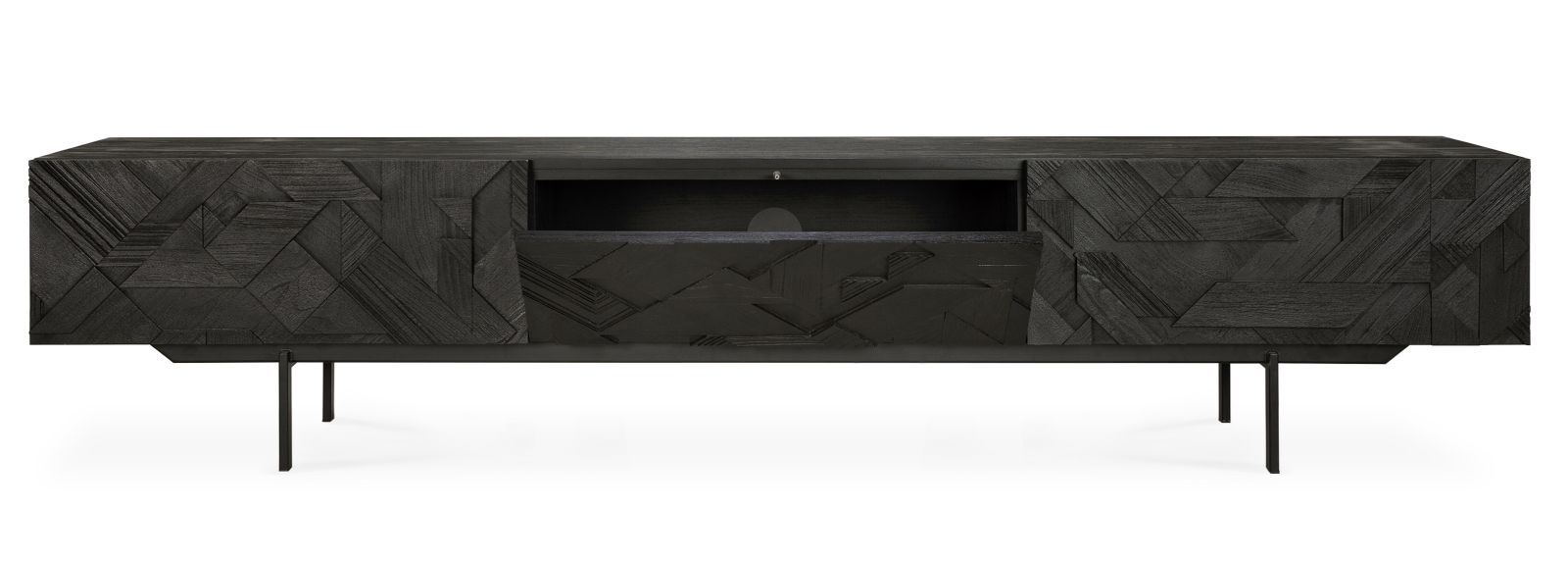 Schwarzes TV-Möbel aus Teakholz mit grafischem Muster und offenen Fächern, ideal für Wohnzimmer.
