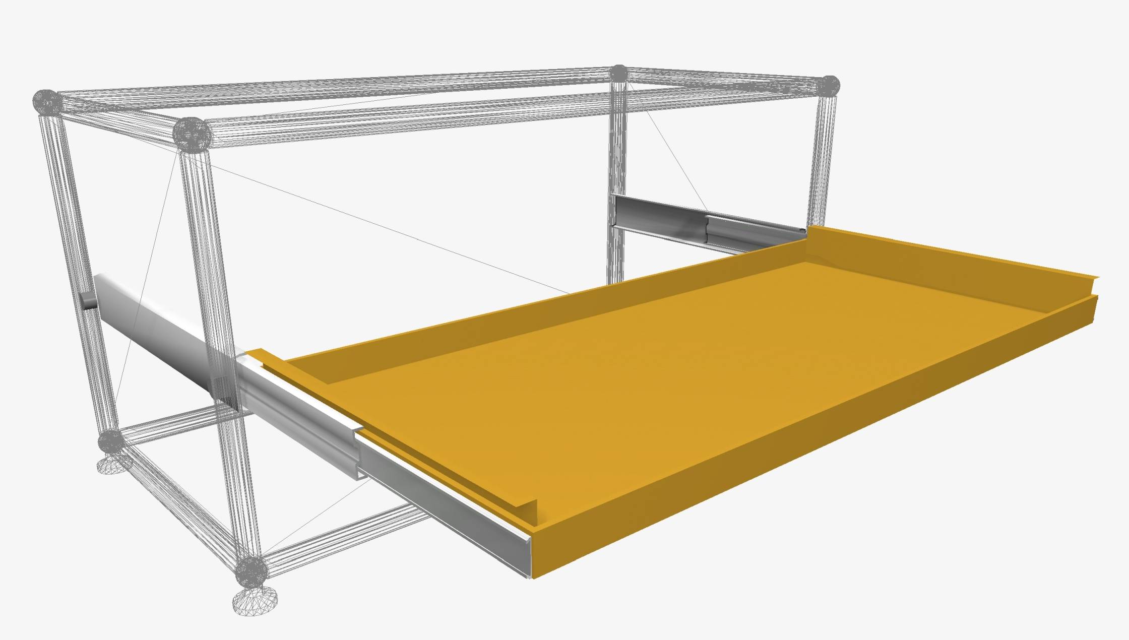 Gelbes USM Haller Ausziehtablar Ersatzteil (39,5 x 35 cm) für modulare Möbel, Detailansicht.