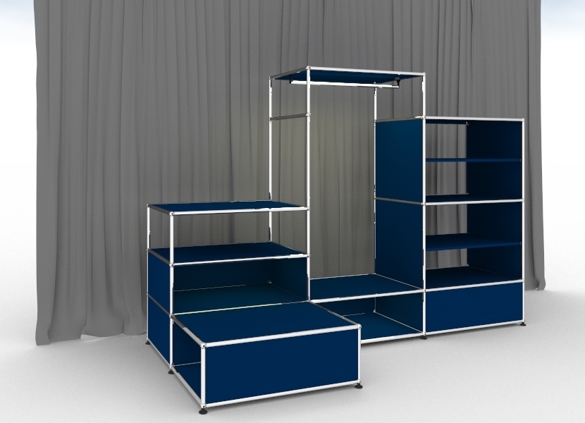 Enzianblaue USM Haller Garderobe mit Beleuchtung und Regalen, modernes modulares Designmöbel.
