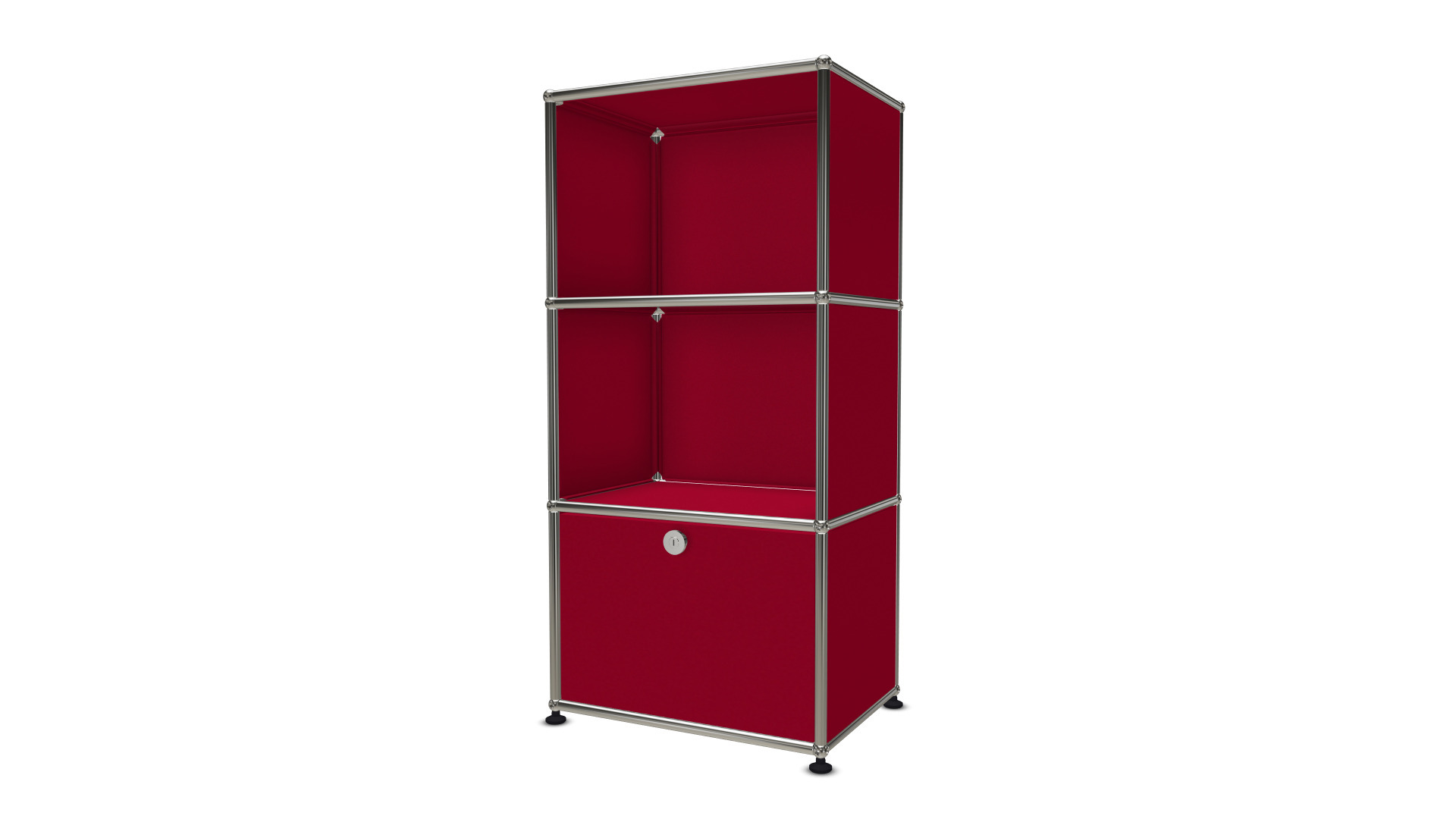 Rotes USM Haller Regal mit Ausziehtür, modulare Möbel für stilvolles Wohnen und Büro.