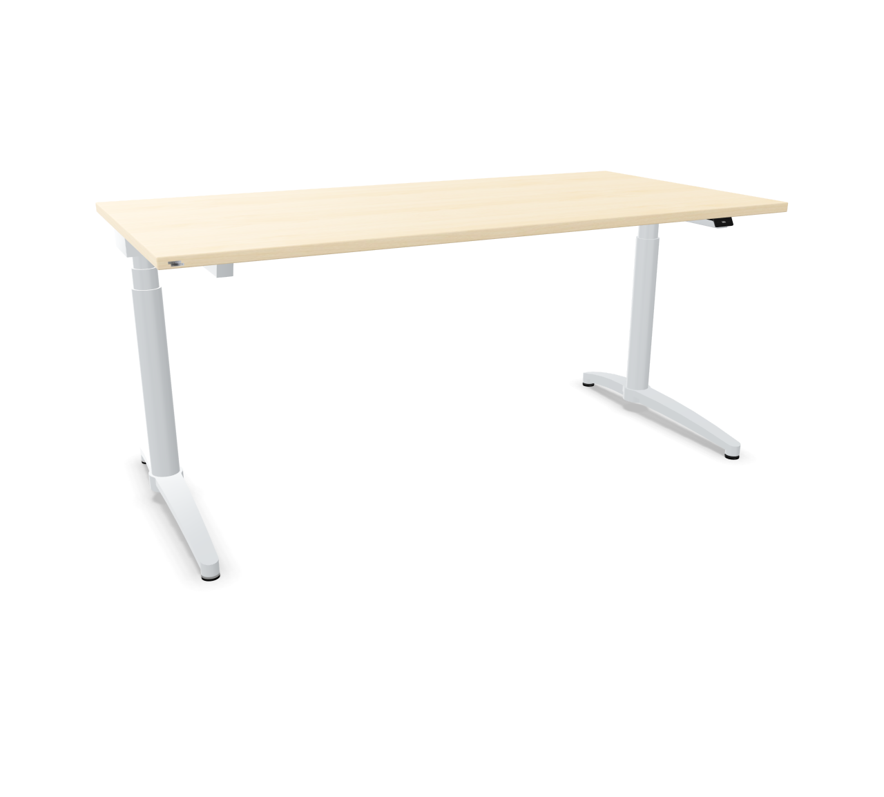 Canvaro Sitz-Steh-Tisch von Assmann mit hellem Holzdekor und weißem Gestell. Ergonomischer Bürotisch.