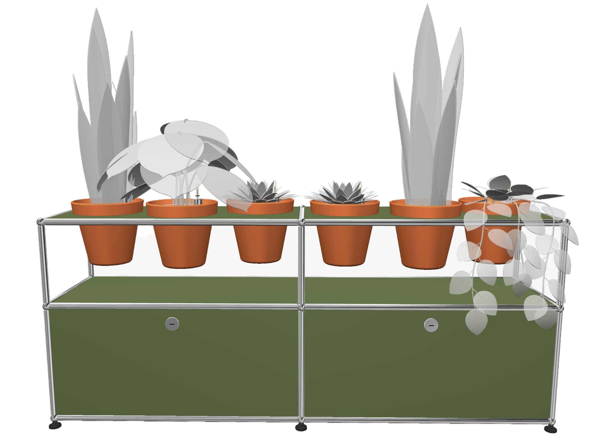 Olivgrünes USM Haller Sideboard mit Pflanzenwelten Konfiguration. Modernes Designmöbel mit Zimmerpflanzen in Terrakotta-Töpfen.