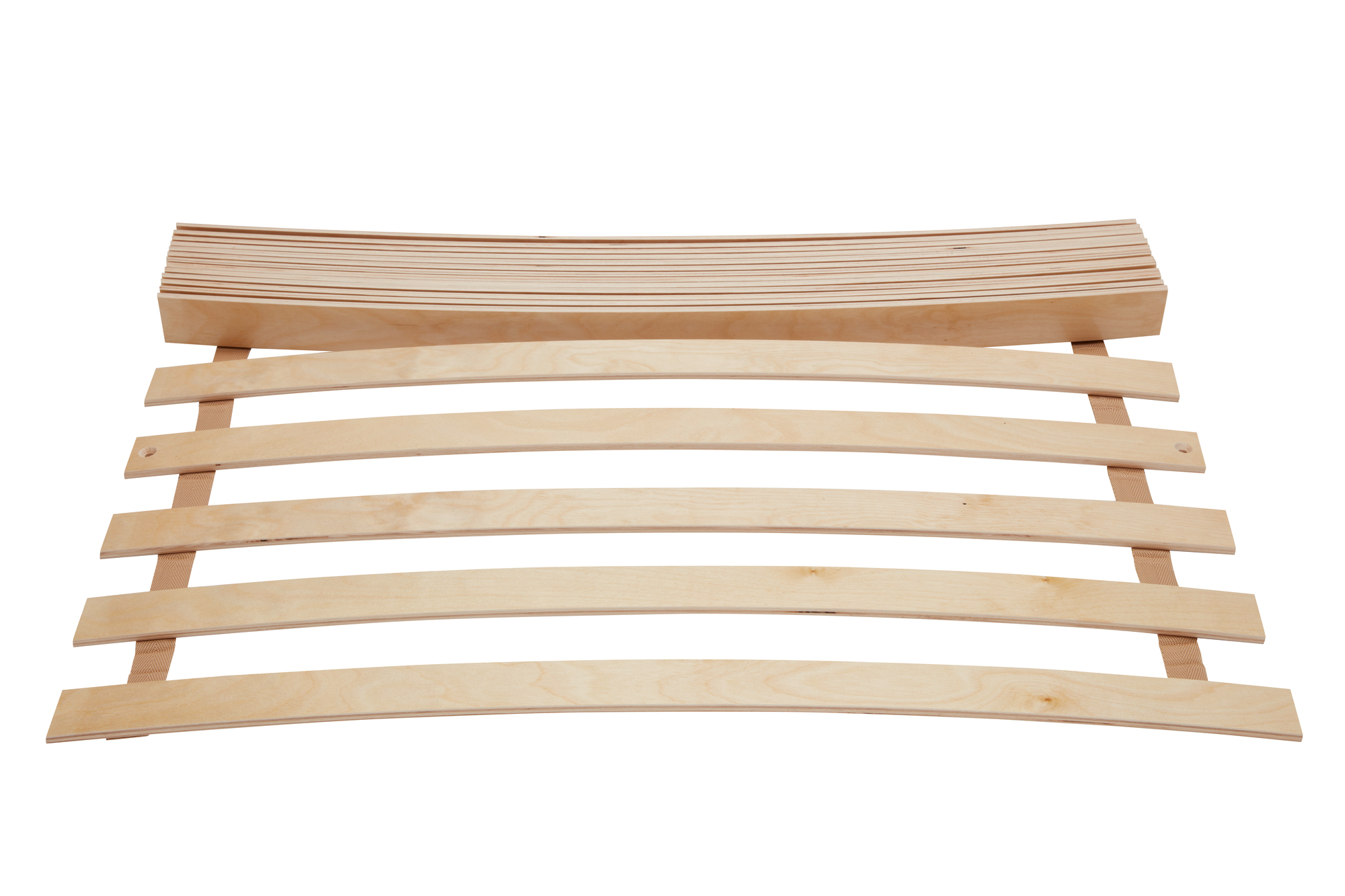 Lattenrost Rollrost für Stapelliege 200x90 cm aus hellem Holz, gerollt und unmontiert.