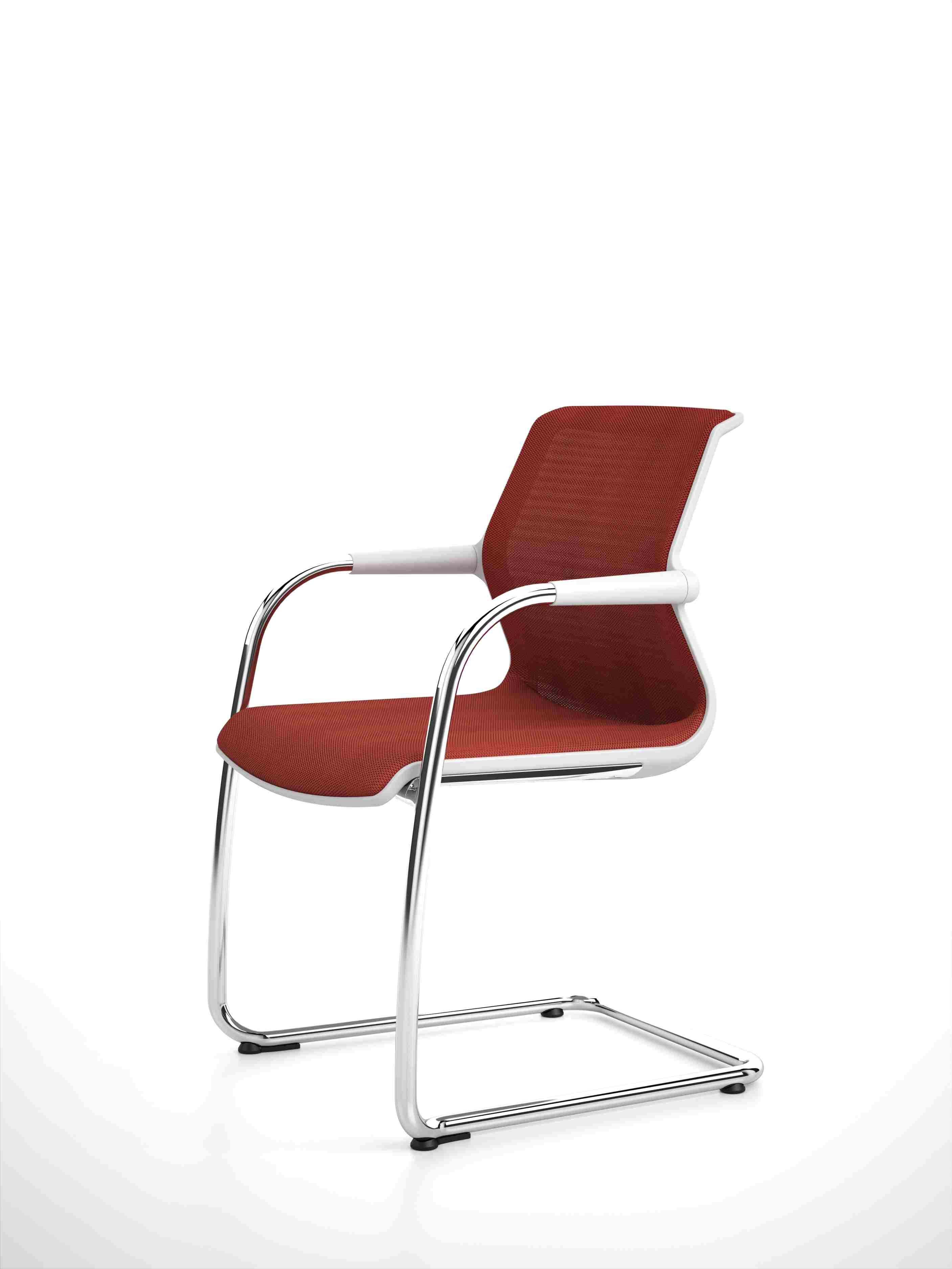 Vitra Unix Freischwinger Stuhl mit rotem Netzbezug und verchromtem Gestell, nicht stapelbar.