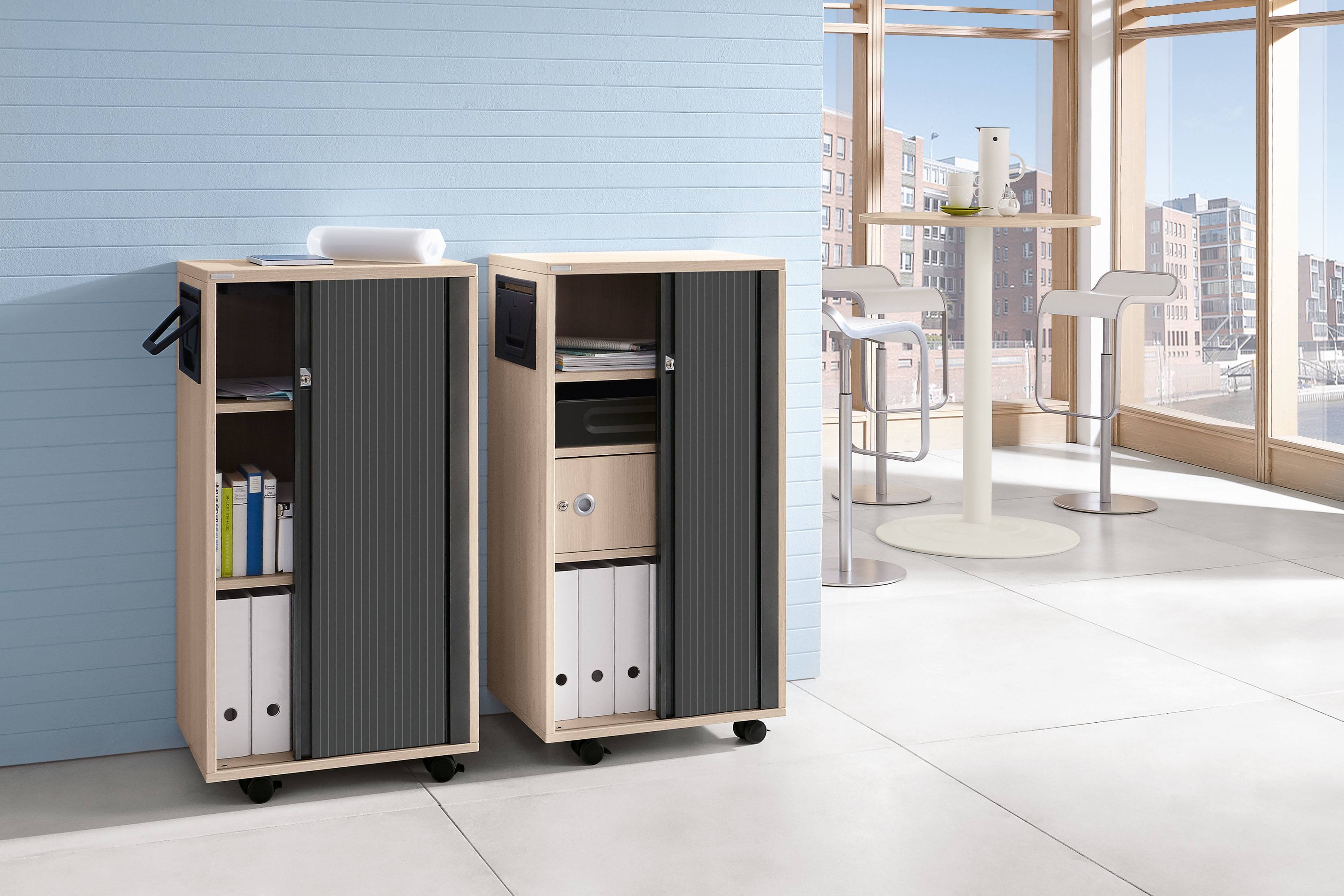 Palmberg Orga Plus Mobilcontainer mit Rollen und Rollladen für Büroorganisation und Stauraum.