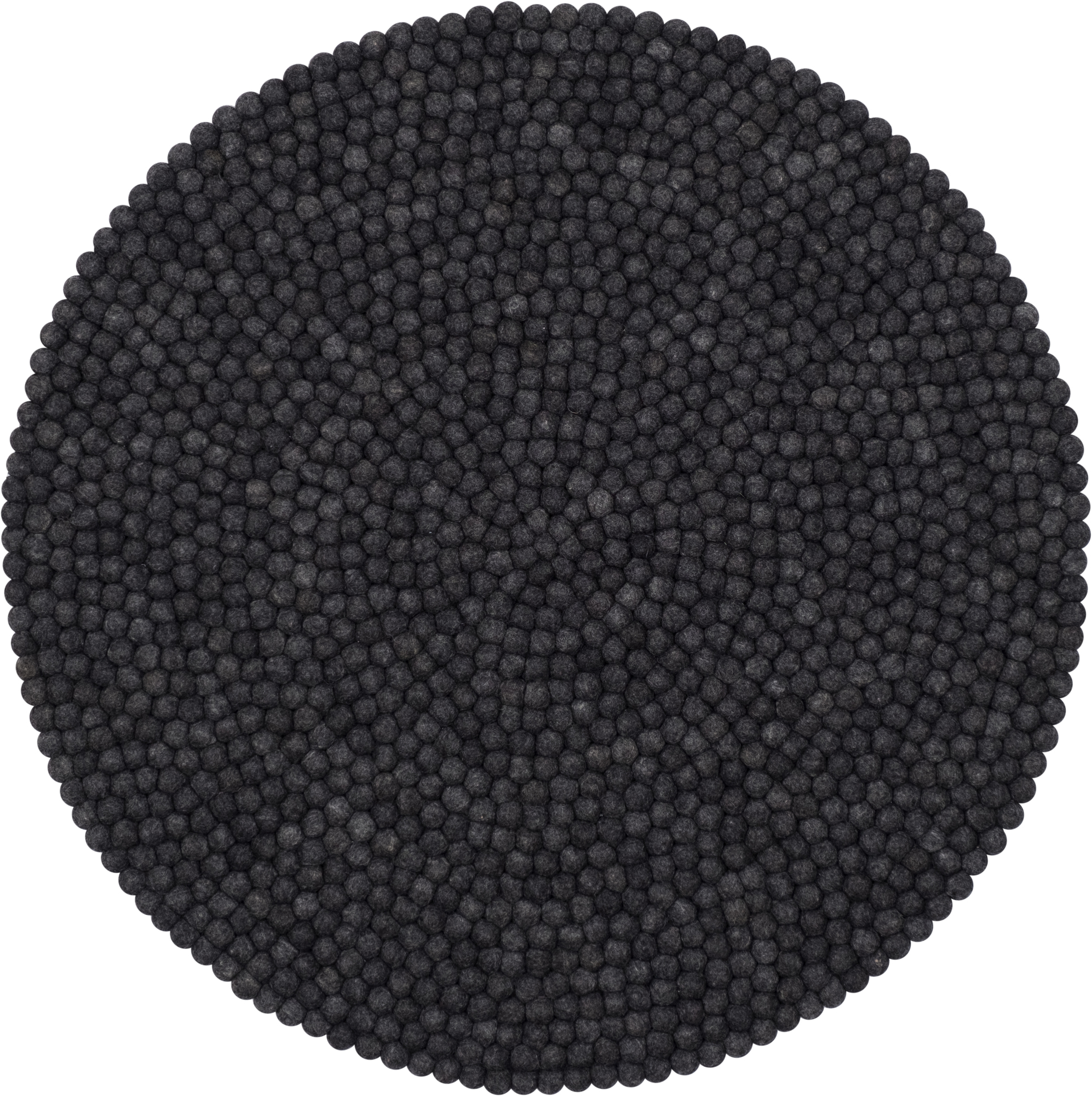 Runder, grauer Filzkugel Teppich "myfelt Hugo" mit 140 cm Durchmesser, Detailaufnahme.