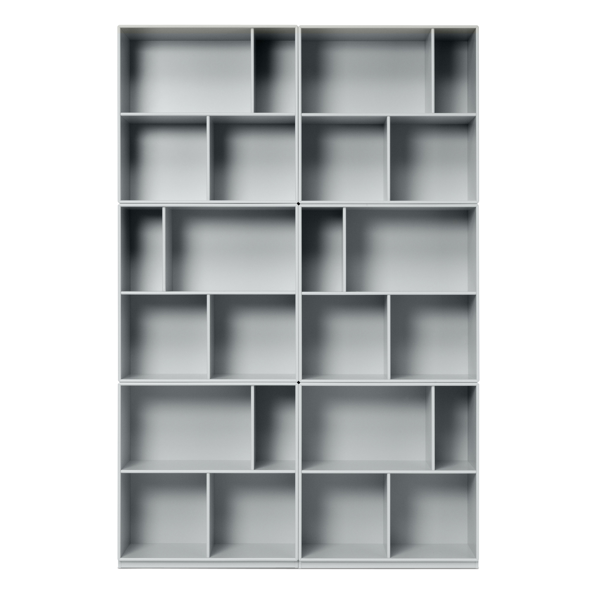 Graues, modulares Bücherregal im nordischen Stil, ideal für Wohnzimmer und Büro.