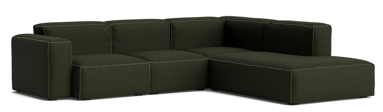Mags Soft Sofa Eckkombination in Dunkelgrün mit beigen Ziernähten, modernes Design für Wohnzimmer.
