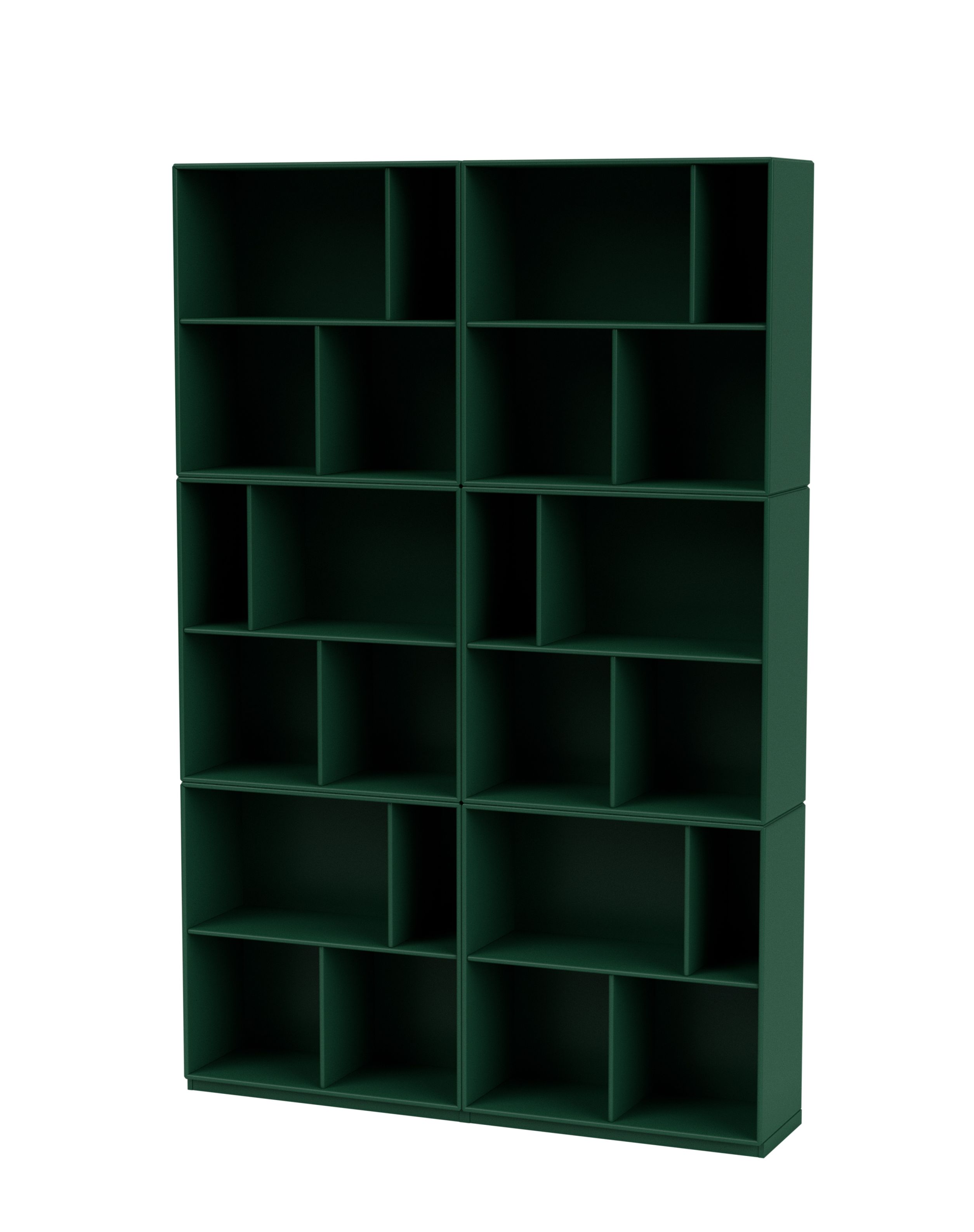 Grünes Read Bücherregal aus Kiefernholz mit mehreren Fächern für Bücher und Dekoration.