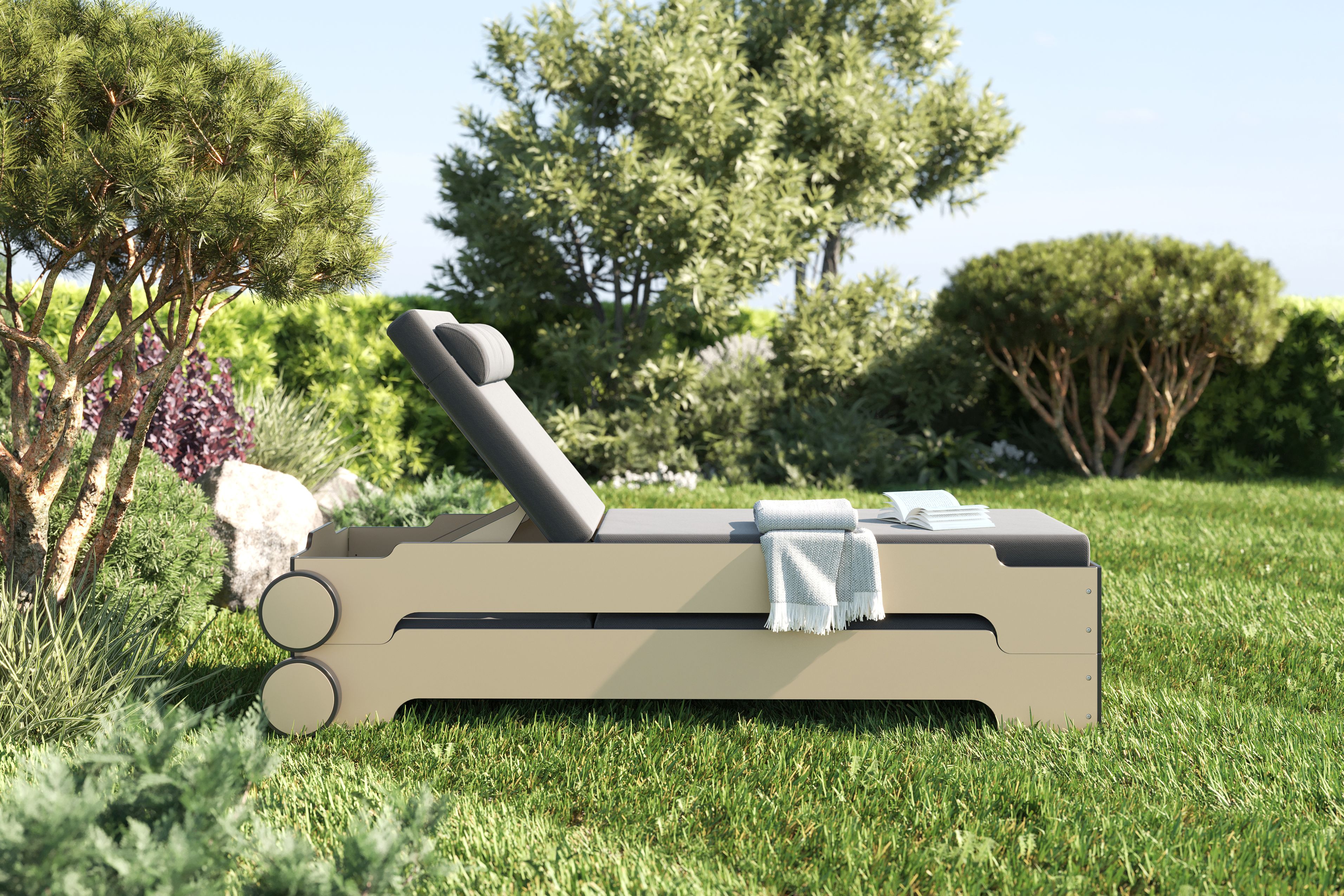 Chaise longue empilable Solara avec roues et coussin Outdoor Müller Möbelwerkstätten