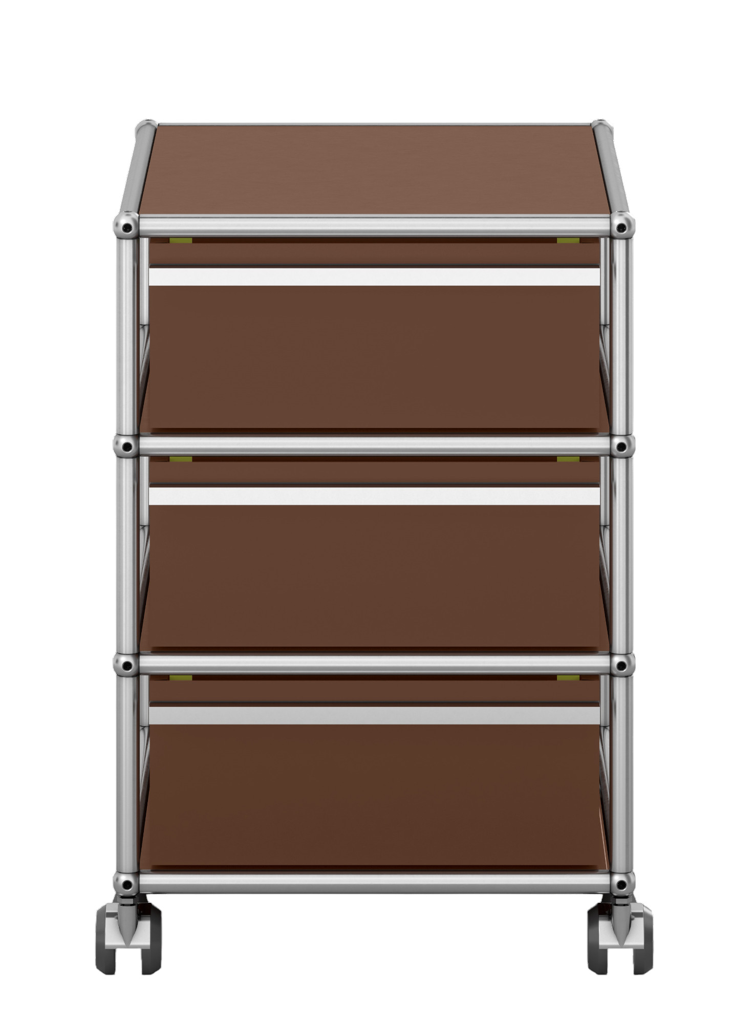 USM Haller Rollcontainer in Braun mit drei Schubladen und verchromtem Gestell, Frontansicht.