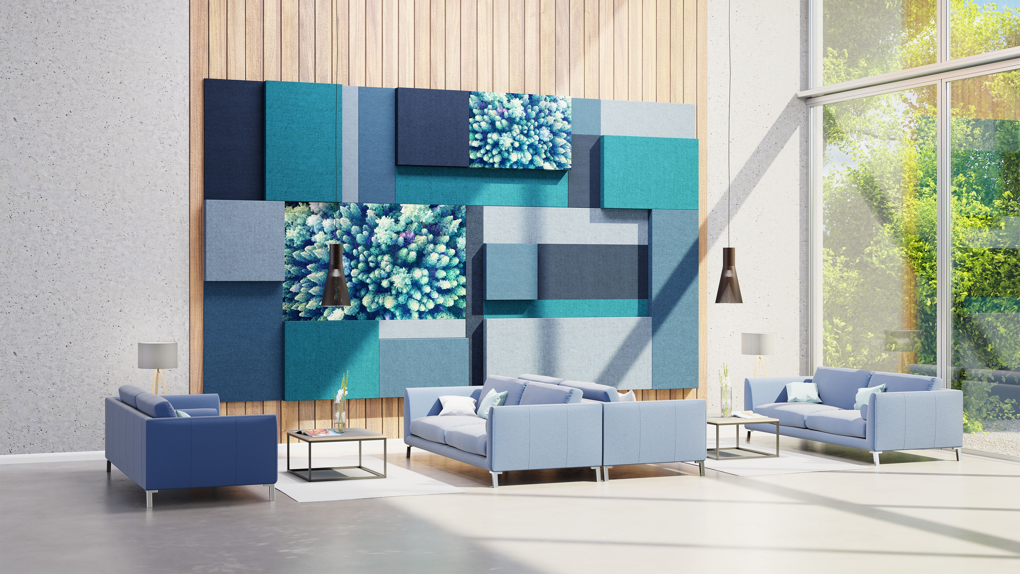 Palmberg Terio Plus Akustikpaneel Wandgestaltung in Blautönen, kombiniert mit modernen Büromöbeln für verbesserte Raumakustik.