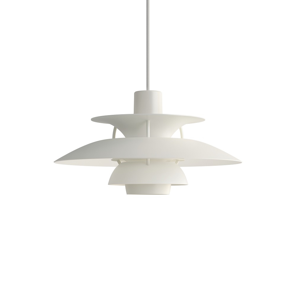 Weiße PH 5 Mini Pendelleuchte von Louis Poulsen, modernes Design für stilvolle Beleuchtung.