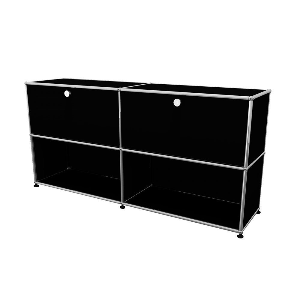 USM Haller Sideboard graphitschwarz mit zwei Klappen, modernes Designmöbel für Wohnzimmer und Büro.