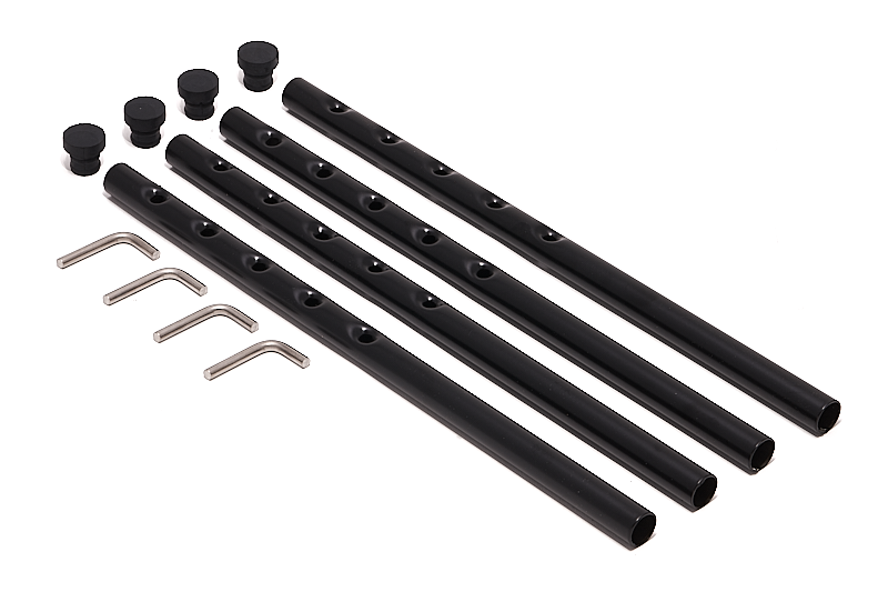 Verlängerungsstäbe Set aus Stahl für Eiermann Tischgestell in Schwarz mit Inbusschlüsseln und Schrauben.