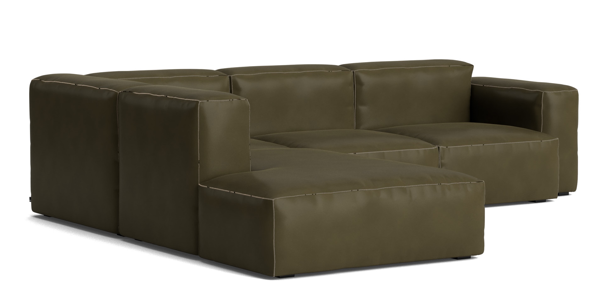 Mags Soft Sofa Ecke links in Waldgrünem Leder mit beigen Ziernähten. Ecksofa, Ledersofa.