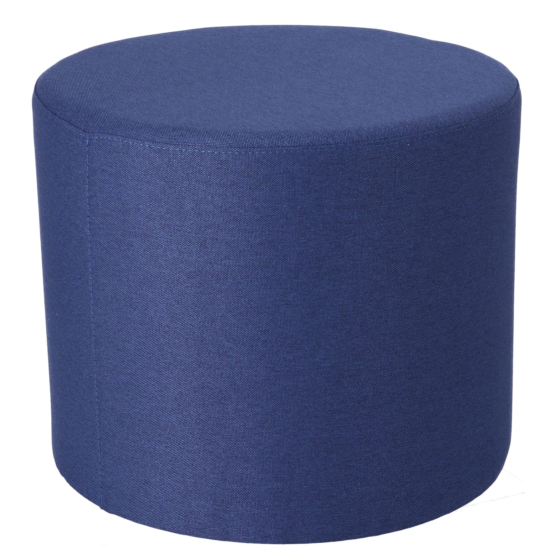 Blauer Rondo Pouf von Jan Kurtz, runder Sitzhocker mit Stoffbezug für Wohnzimmer und mehr.