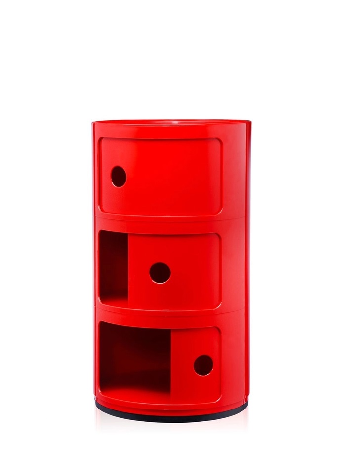 Rotes Componibili 3er Element von Kartell: Moderner, runder Beistelltisch mit drei Fächern.