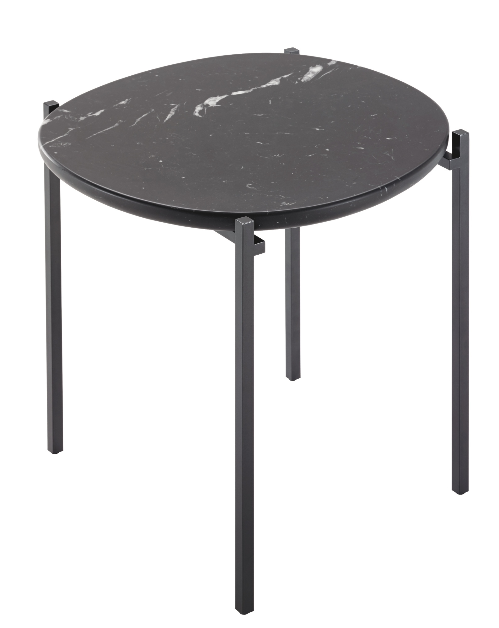 Niobe Beistelltisch mit runder Tischplatte aus schwarzem Nero Marquinia Marmor und filigranem Metallgestell.
