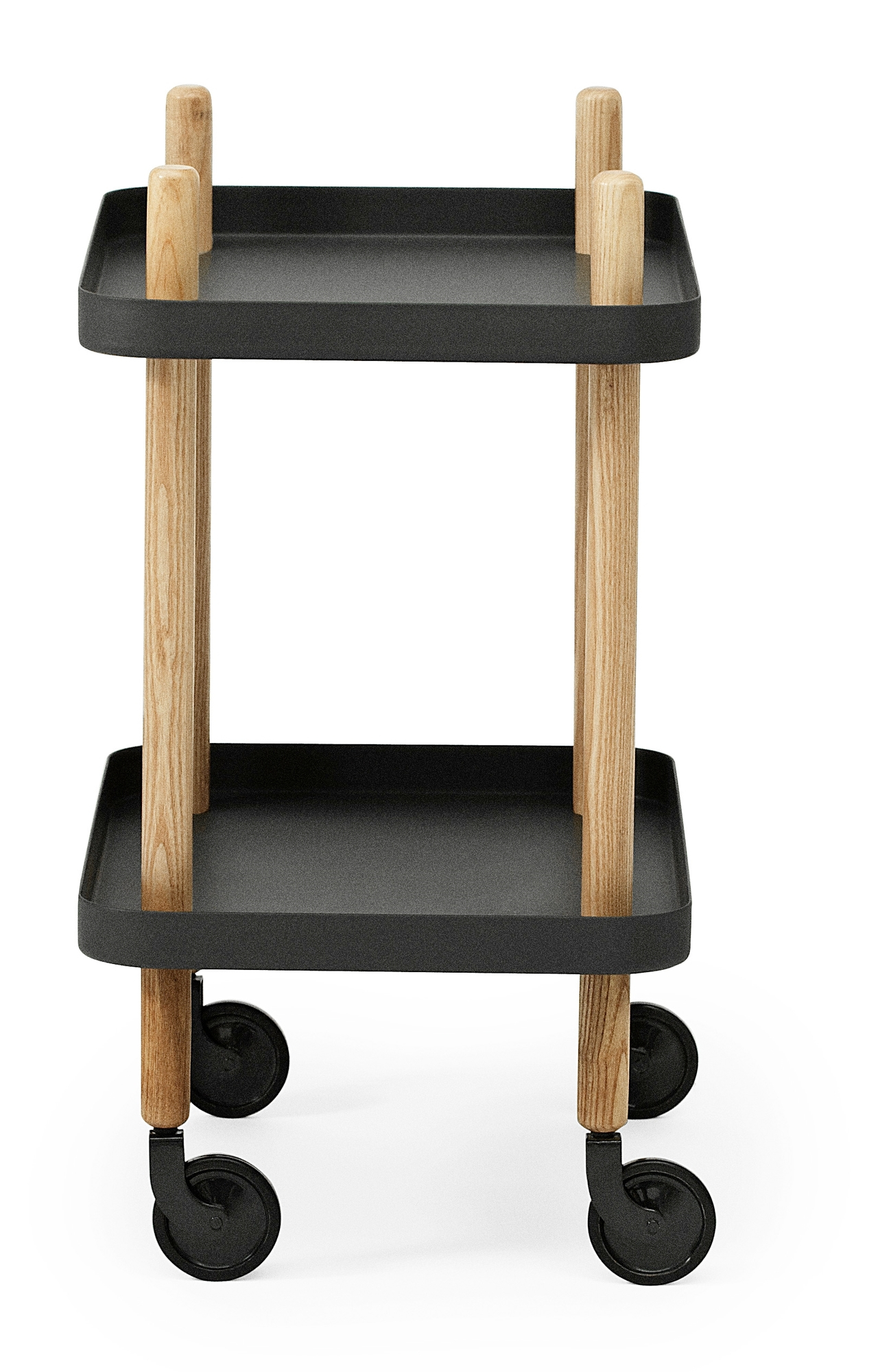 Schwarzer Normann Copenhagen Block Table Servierwagen mit zwei Ablagen und Holzbeinen.