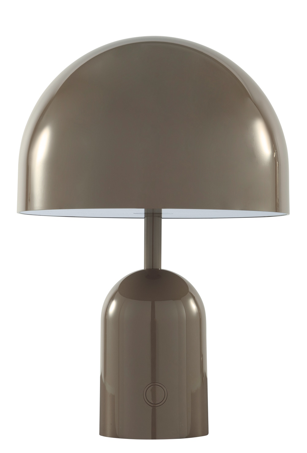 Nahaufnahme der Bell Portable LED Tischleuchte von Tom Dixon in Taupe.