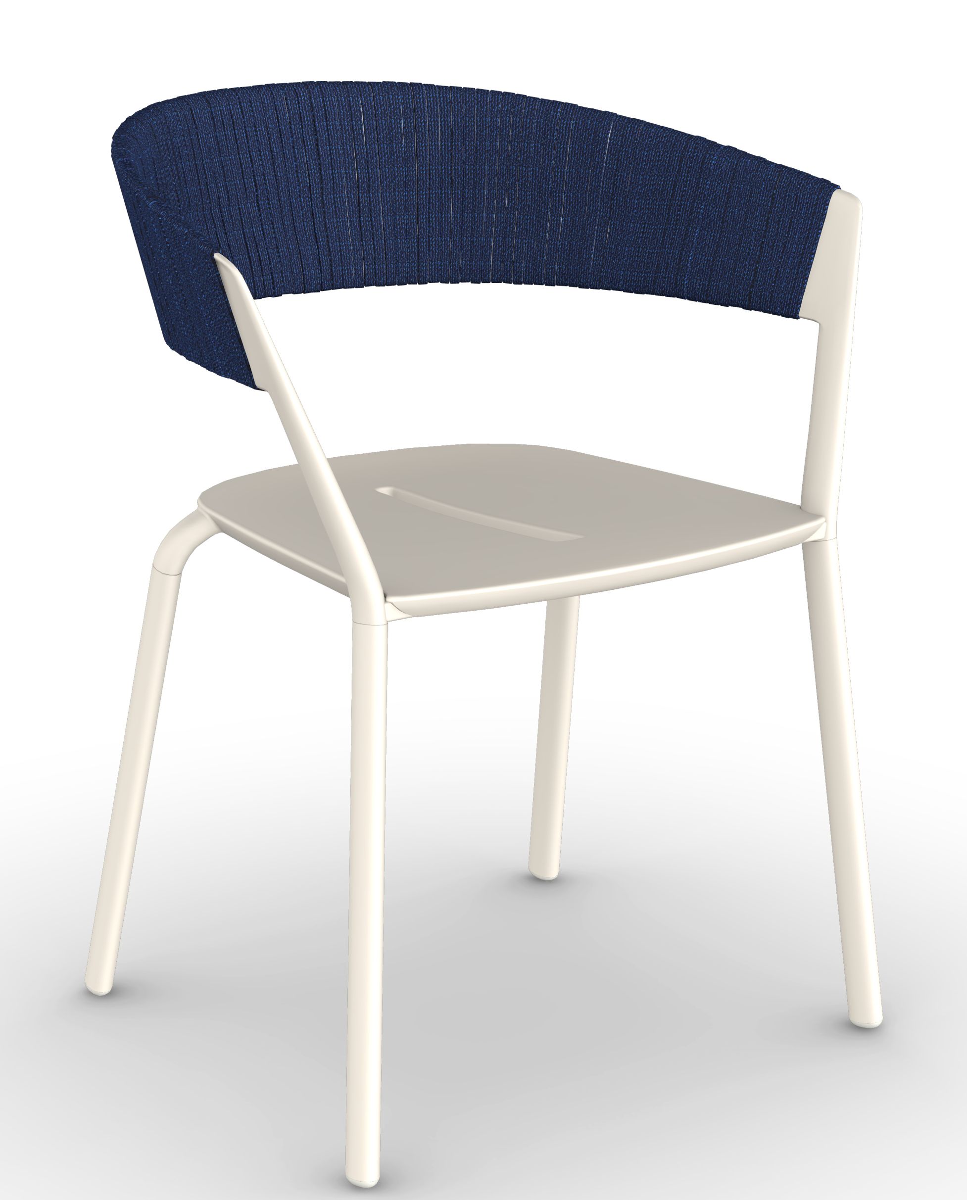 Ria Stuhl mit blauem Rückenteil und weißem Gestell, moderner Design Stuhl für Wohnräume.