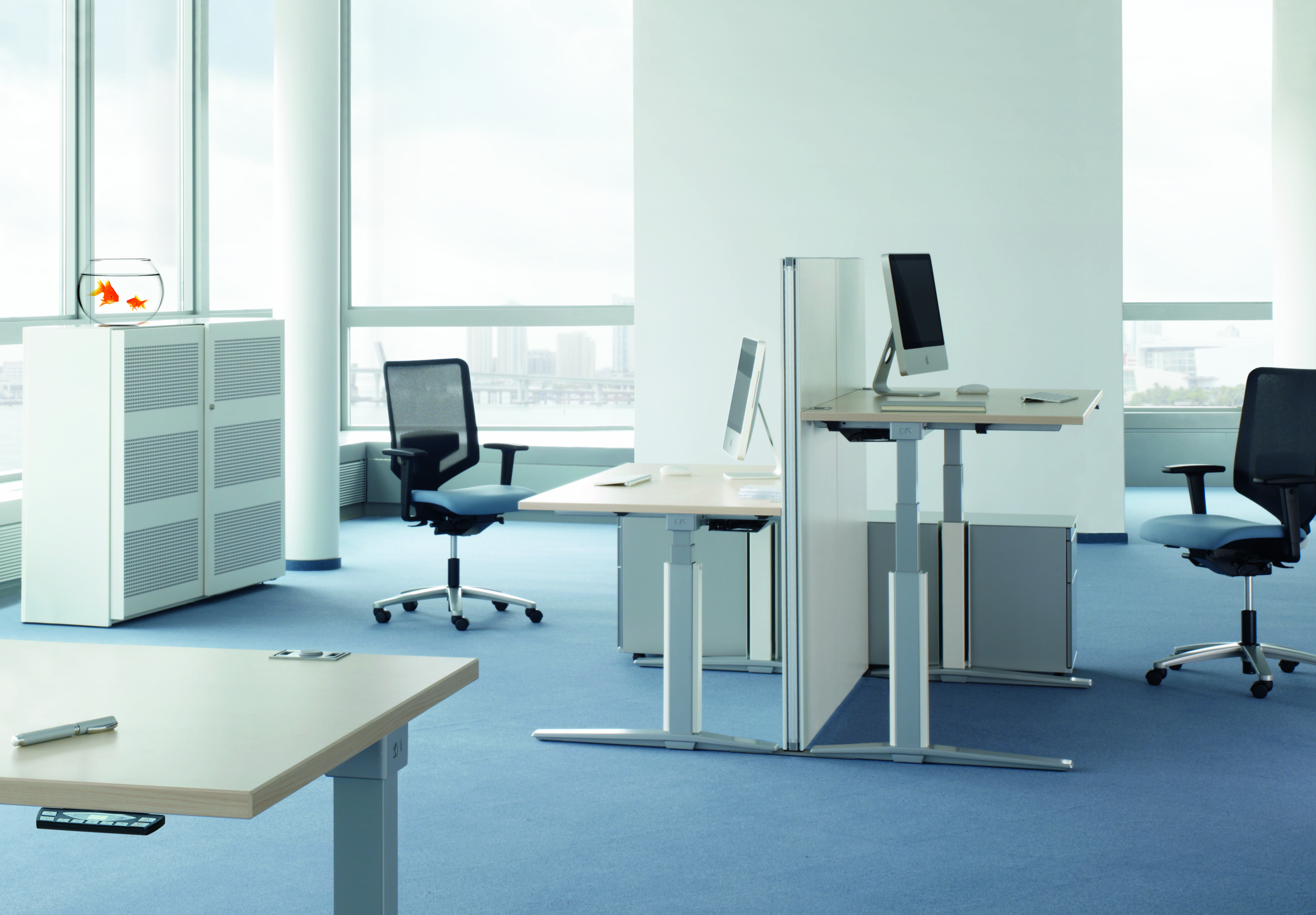 Büro mit höhenverstellbaren TALO.S Schreibtischen von König+Neurath, Bürostühlen, Aktenschränken und Goldfischen in einer Büroumgebung.
