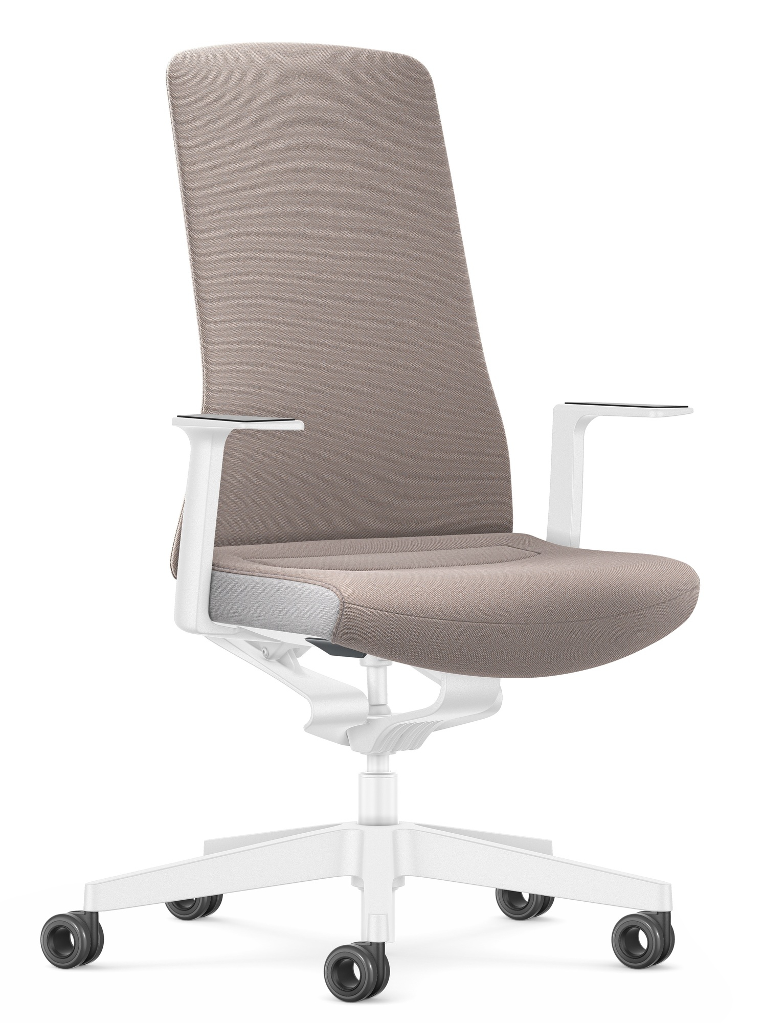 Interstuhl Bürostuhl Pure Edition Interior, taupefarbener Stoffbezug, weiße Armlehnen und Fußkreuz. Ergonomischer Drehstuhl.