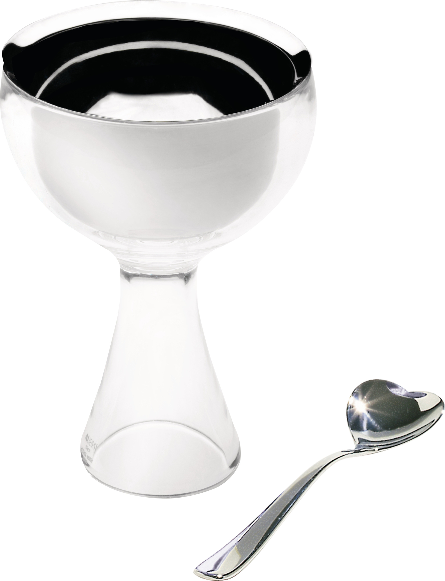 Alessi Big Love Eisbecher eisgrau mit Herzlöffel, stilvolles Dessertglas für Eis und Süßspeisen.