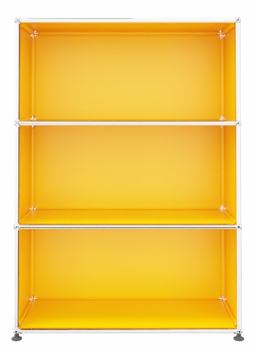 USM Haller Highboard schmale Version gelb Gelbes USM Haller Regal mit drei offenen Fächern und verchromtem Stahlrohrgestell für Wohnzimmer oder Büro.