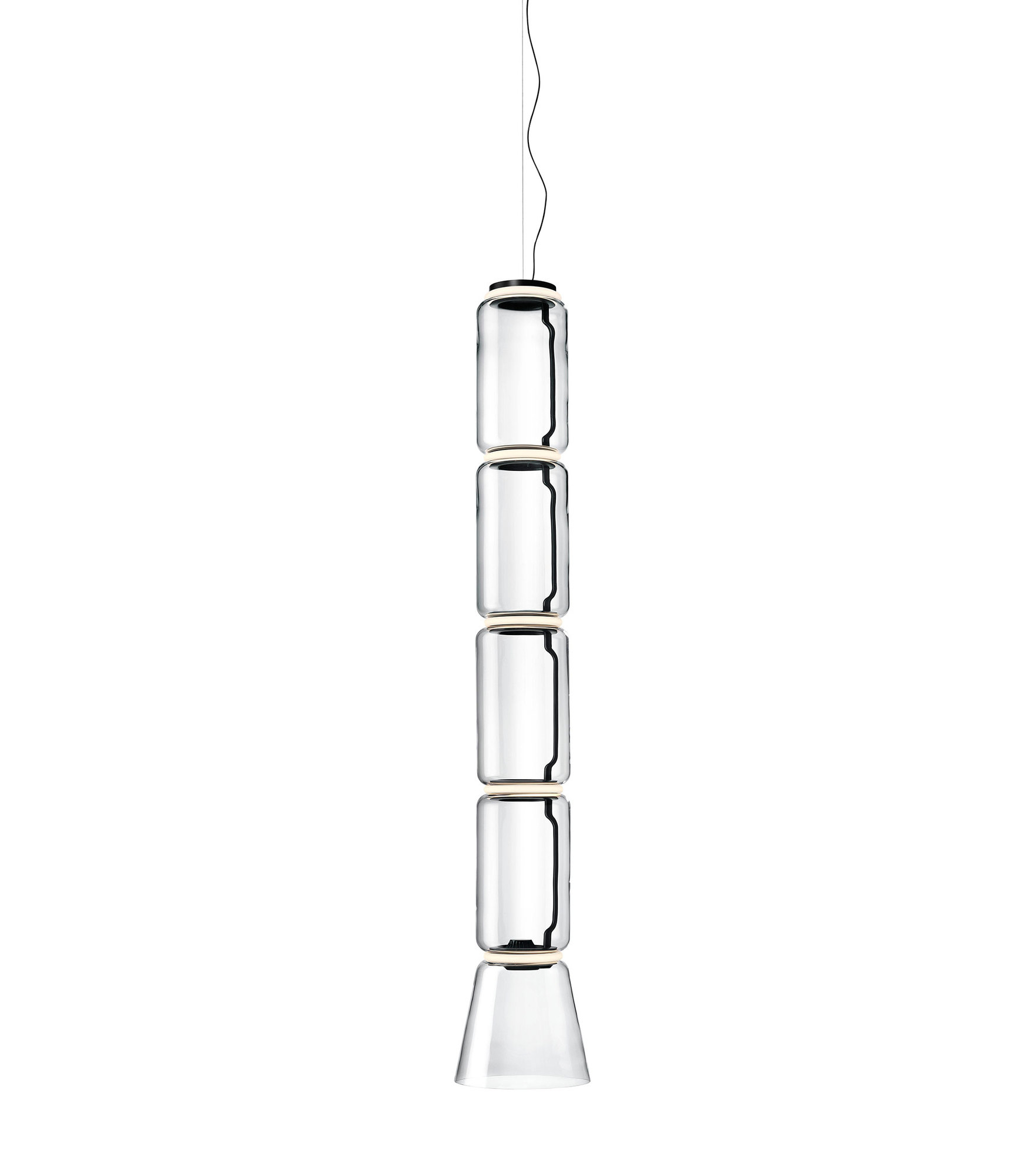 Noctambule Pendelleuchte von Flos: Hängende Glasleuchte mit zylindrischen Elementen und Kegel, modernes Design.
