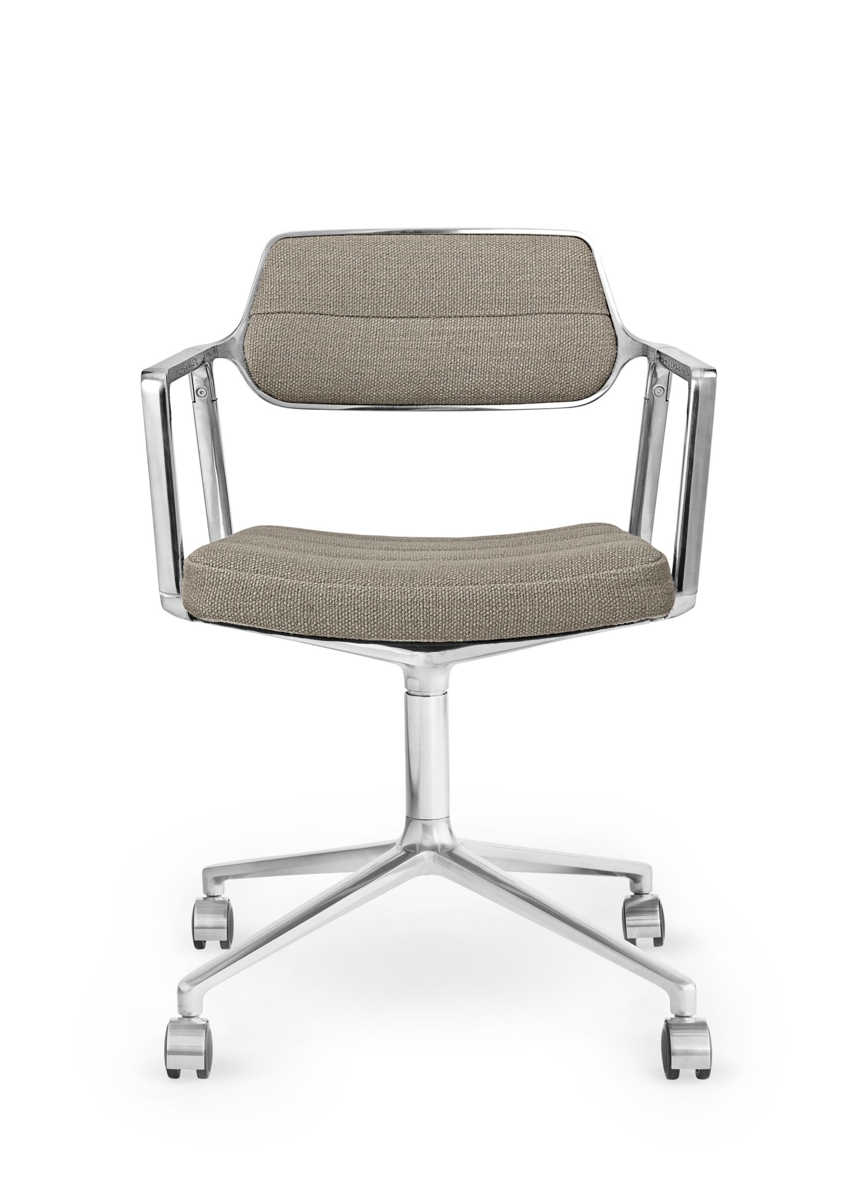 Fauteuil pivotant Vipp 453 / Vipp453, revêtement textile sable foncé, structure en aluminium poli avec roulettes. Vipp OFFREN SPECIALE