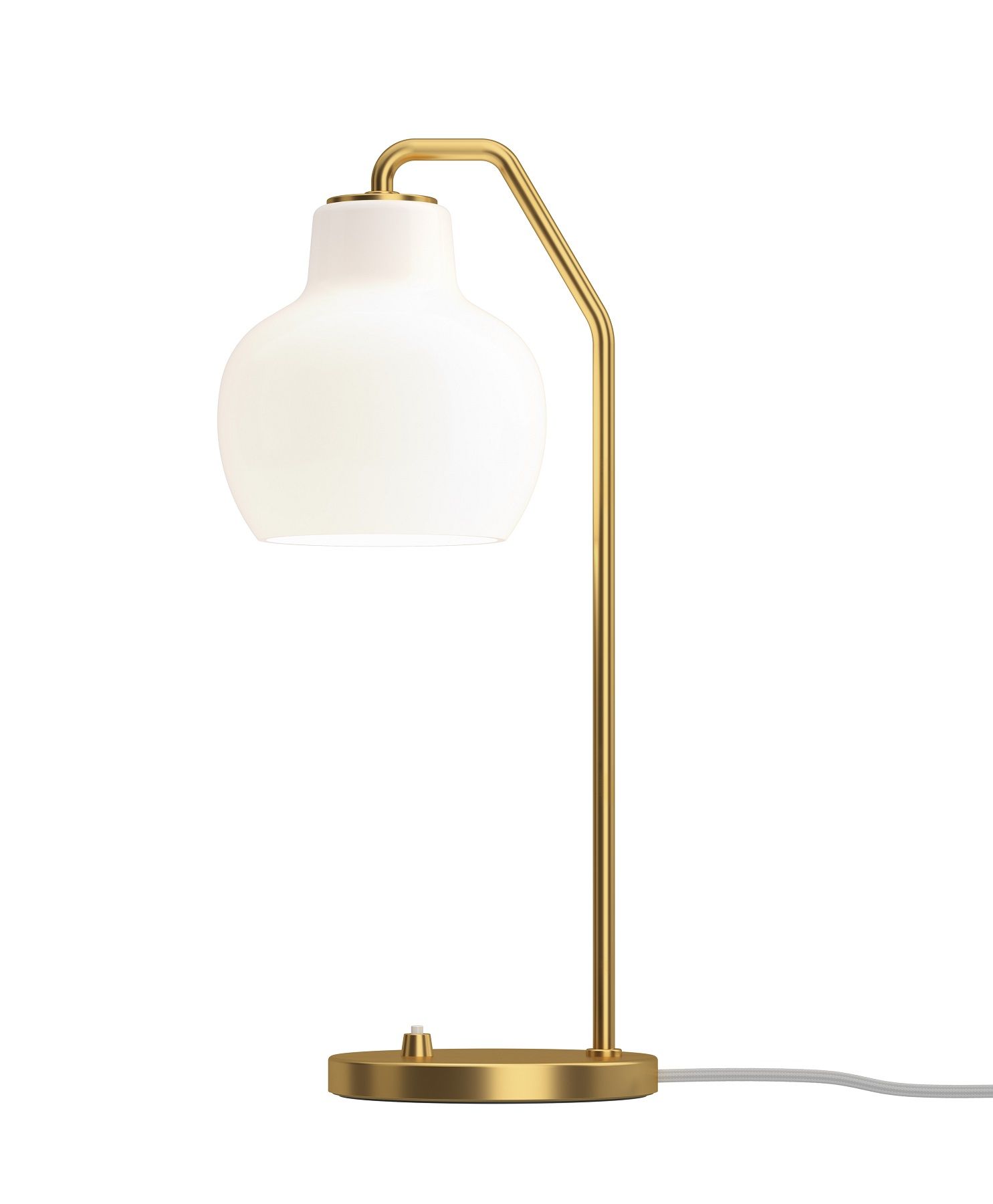 VL Ring Crown Tischleuchte von Louis Poulsen mit goldenem Gestell und weißem Glasschirm.