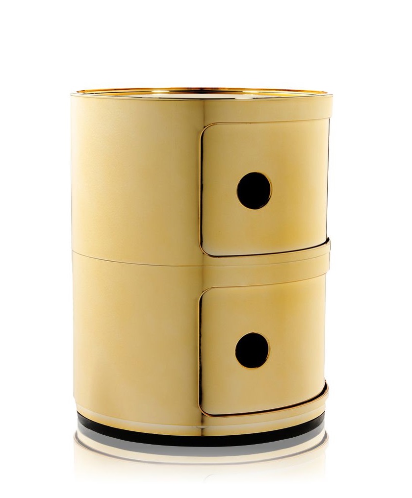 Goldener Kartell Componibili 2er Element Nachttisch aus Metall, zylindrisches Design mit zwei Fächern und runden Griffen.