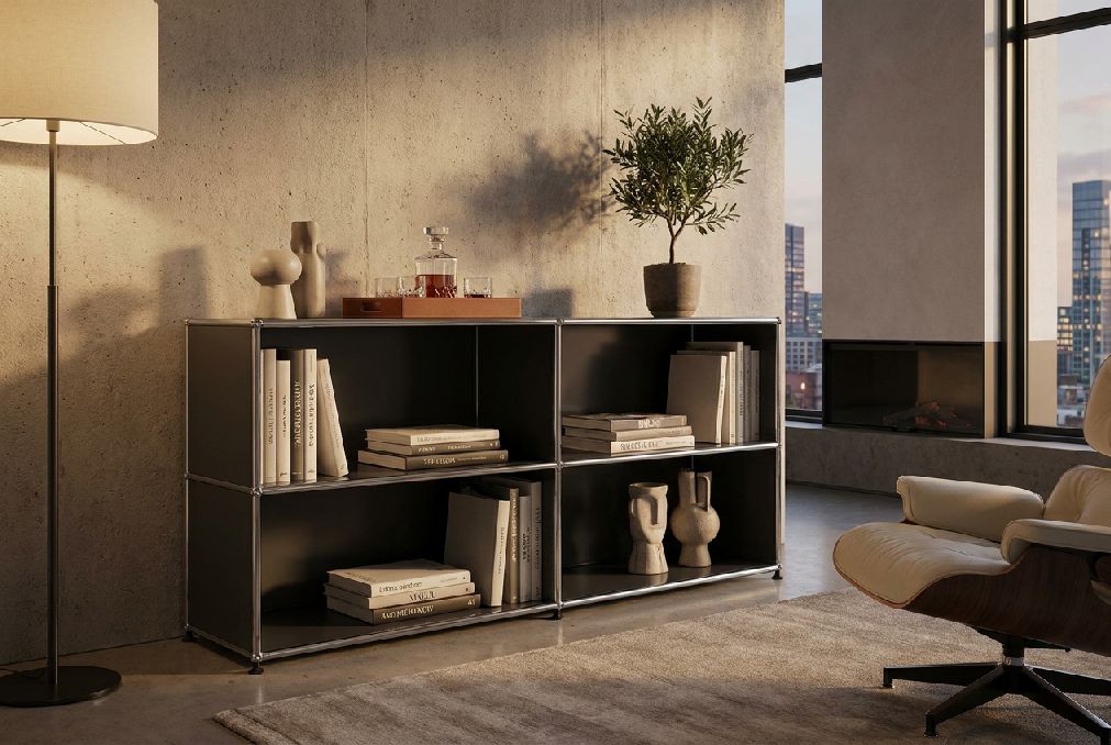 USM Haller Sideboard offen mit vier Fächern schwarz