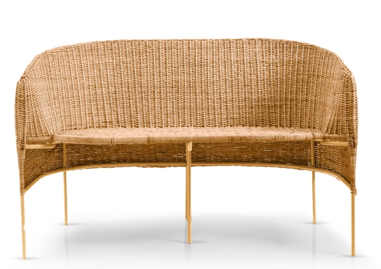 Caribe Natural Banc 2 places extérieur ames Matériau naturel brut / Jaune Caribe 2-Sitzer Bank aus Rattan für den Außenbereich, gelb, natürliches Material. Gartenmöbel für zwei Personen.