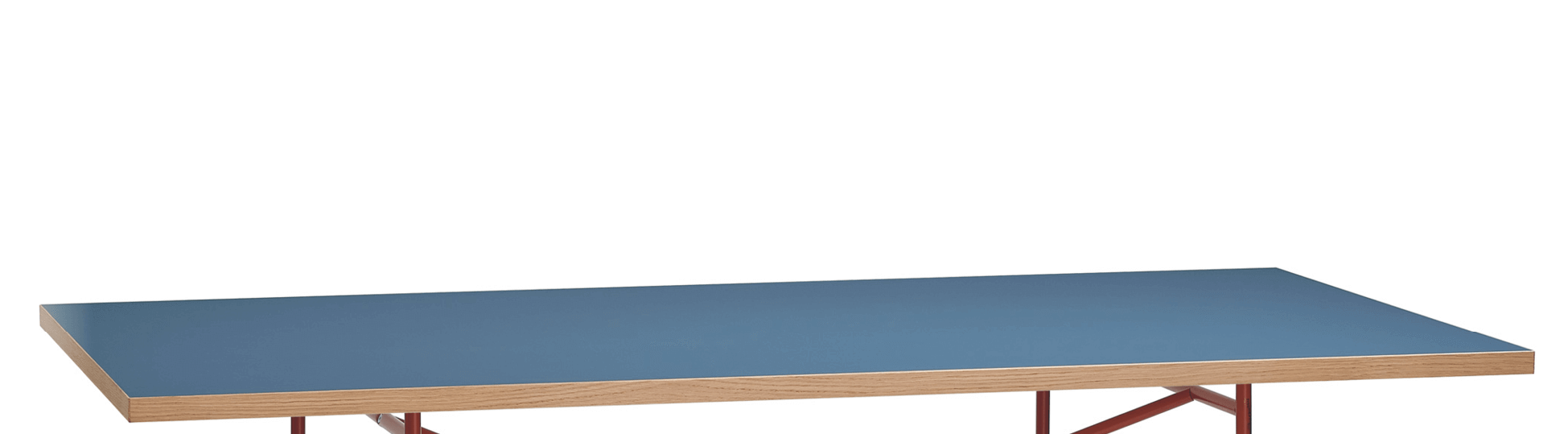 Eiermann Tischplatte Linoleum von Richard Lampert in Blau mit Holzrahmen und rotem Gestell.