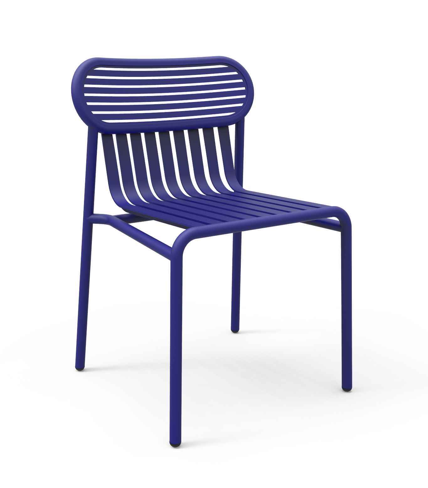 Blauer Week-End Stuhl von Petite Friture, moderner Gartenstuhl mit Lattenmuster und minimalistischem Design.