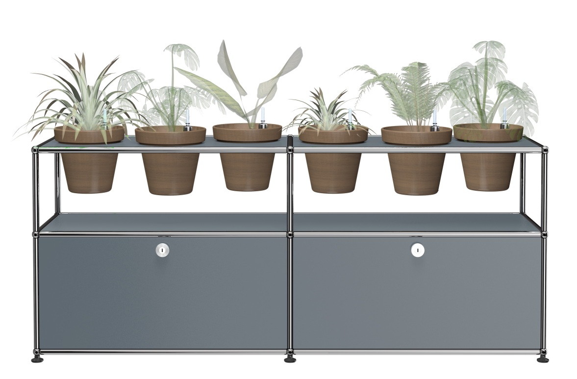 Mittelgraues USM Haller Sideboard mit Pflanzenwelten-Konfiguration und Topfpflanzen für stilvolle Inneneinrichtung.