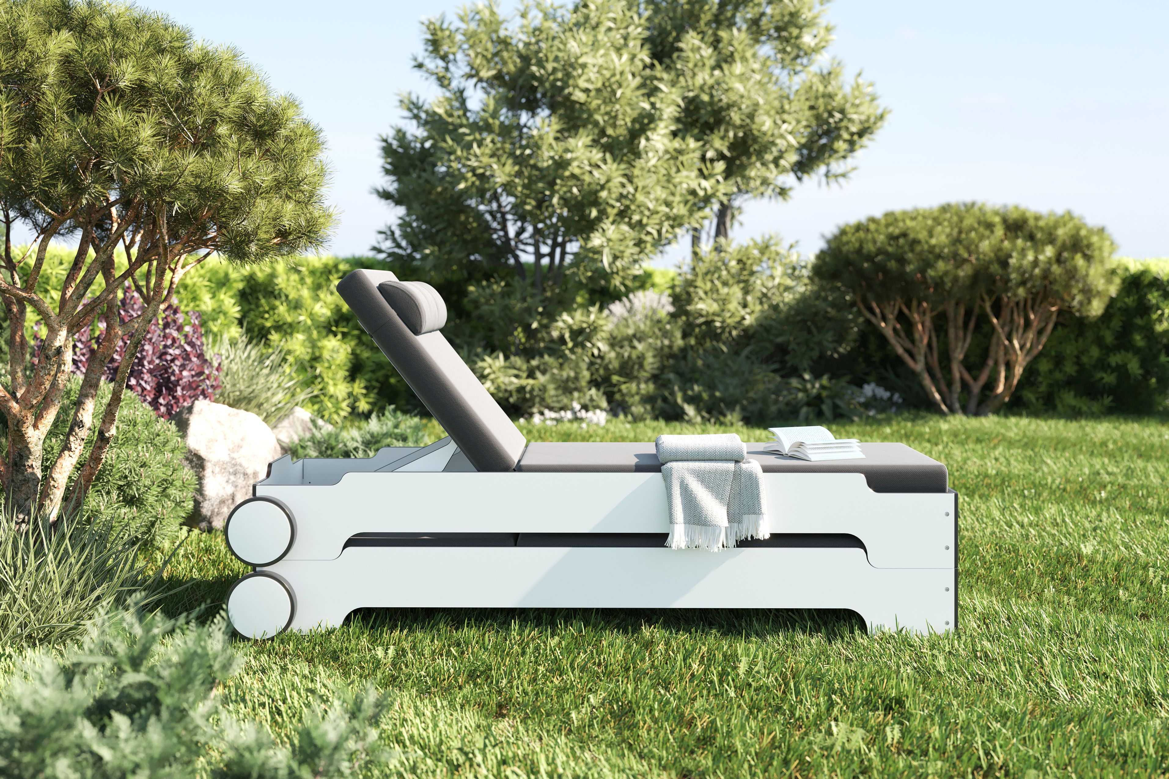 Chaise longue empilable Solara avec roues et coussin Outdoor Müller Möbelwerkstätten