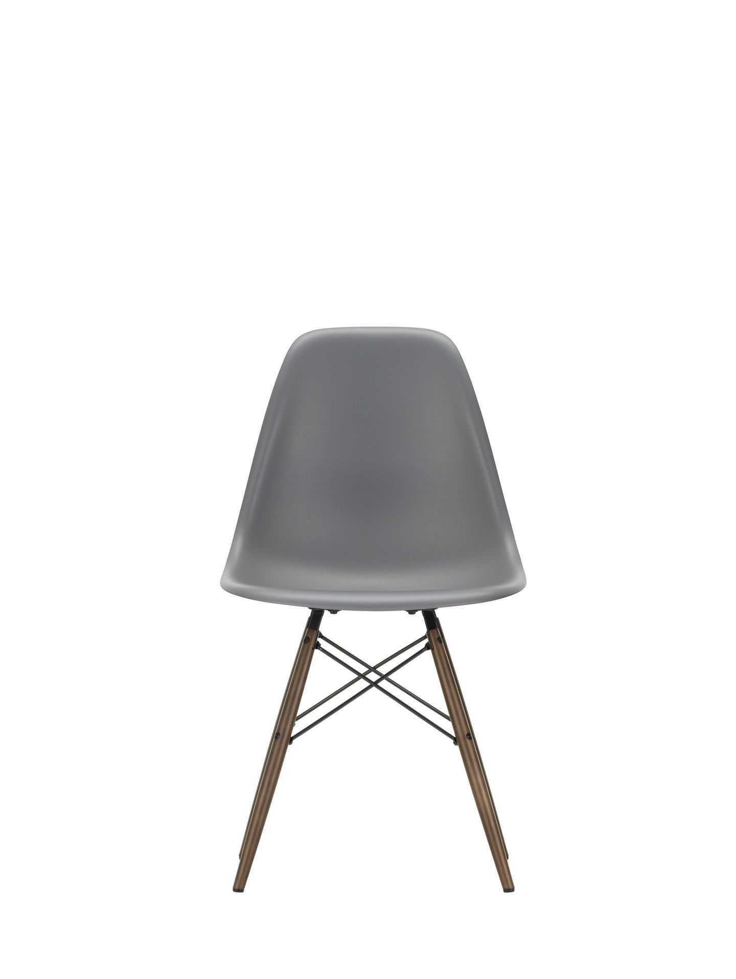 Eames Plastic Side Chair mit Esche-Holzbeinen in Honigfarbe und granitgrauer Sitzschale. Designklassiker für Esszimmer.