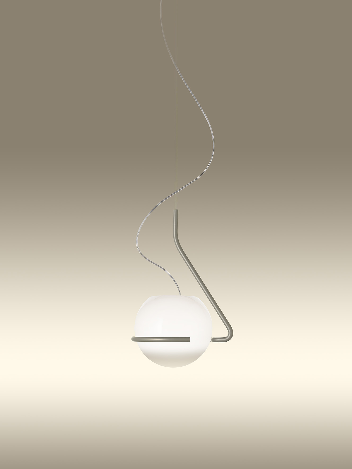 Nahaufnahme der modernen Tonda Pendelleuchte von Foscarini Titan mit weißem Glas und Metallstruktur.