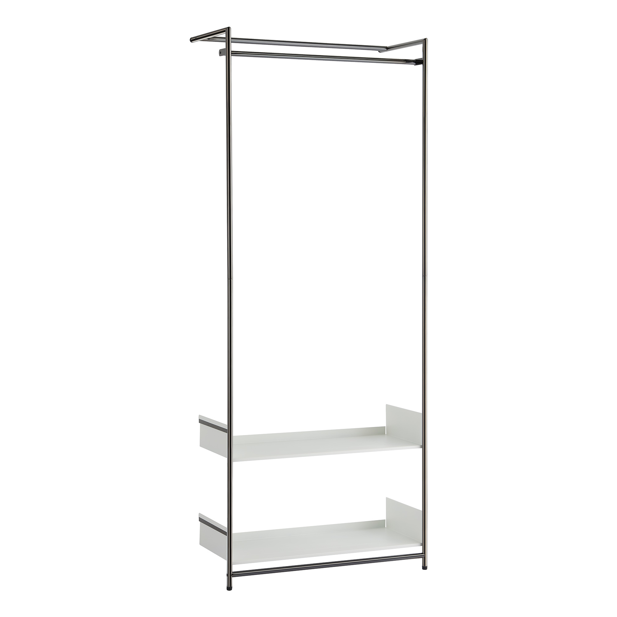 Comba Anlehngarderobe mit schwarzem Gestell und zwei weißen Ablageflächen. Moderne Garderobenlösung für Flur und Schlafzimmer.