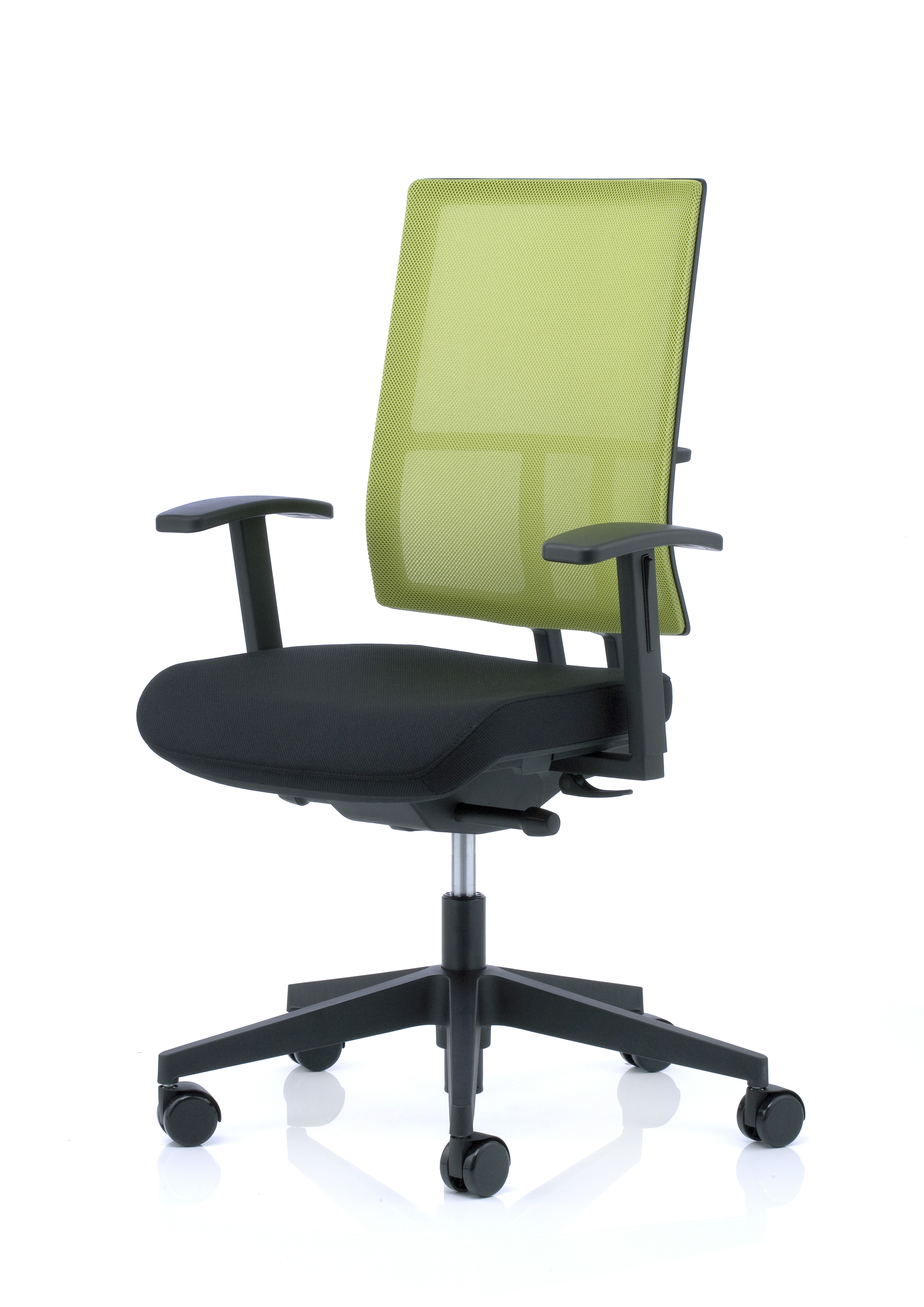 Anteo Basic Bürostuhl von Köhl mit schwarzem Sitz und grüner Netzrückenlehne. Ergonomischer Drehstuhl.