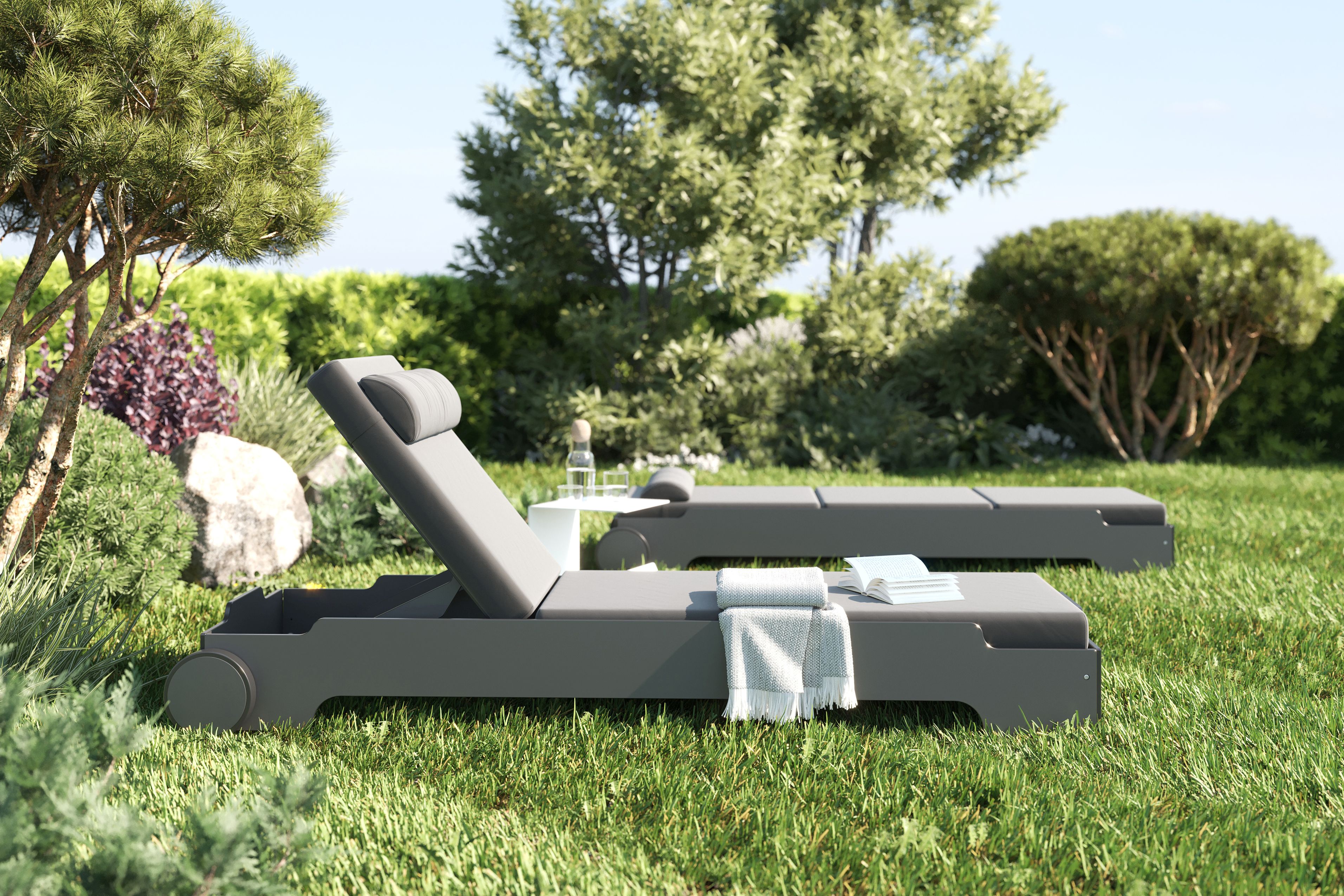 Chaise longue empilable Solara avec roues et coussin Outdoor Müller Möbelwerkstätten