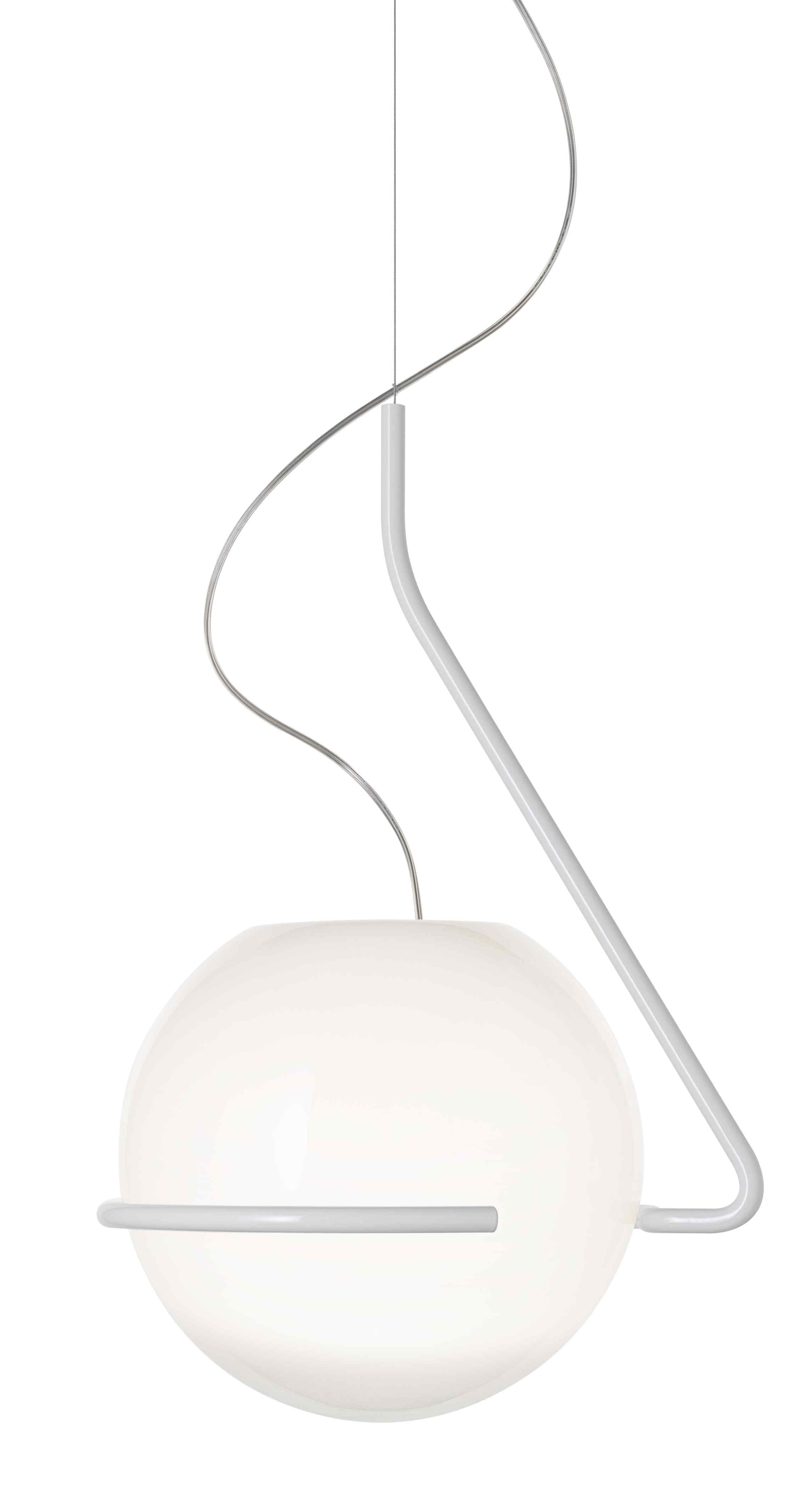 Moderne Tonda Pendelleuchte von Foscarini, weiße Kugel mit minimalistischem, grauem Metallgestell für stilvolle Innenraumbeleuchtung.