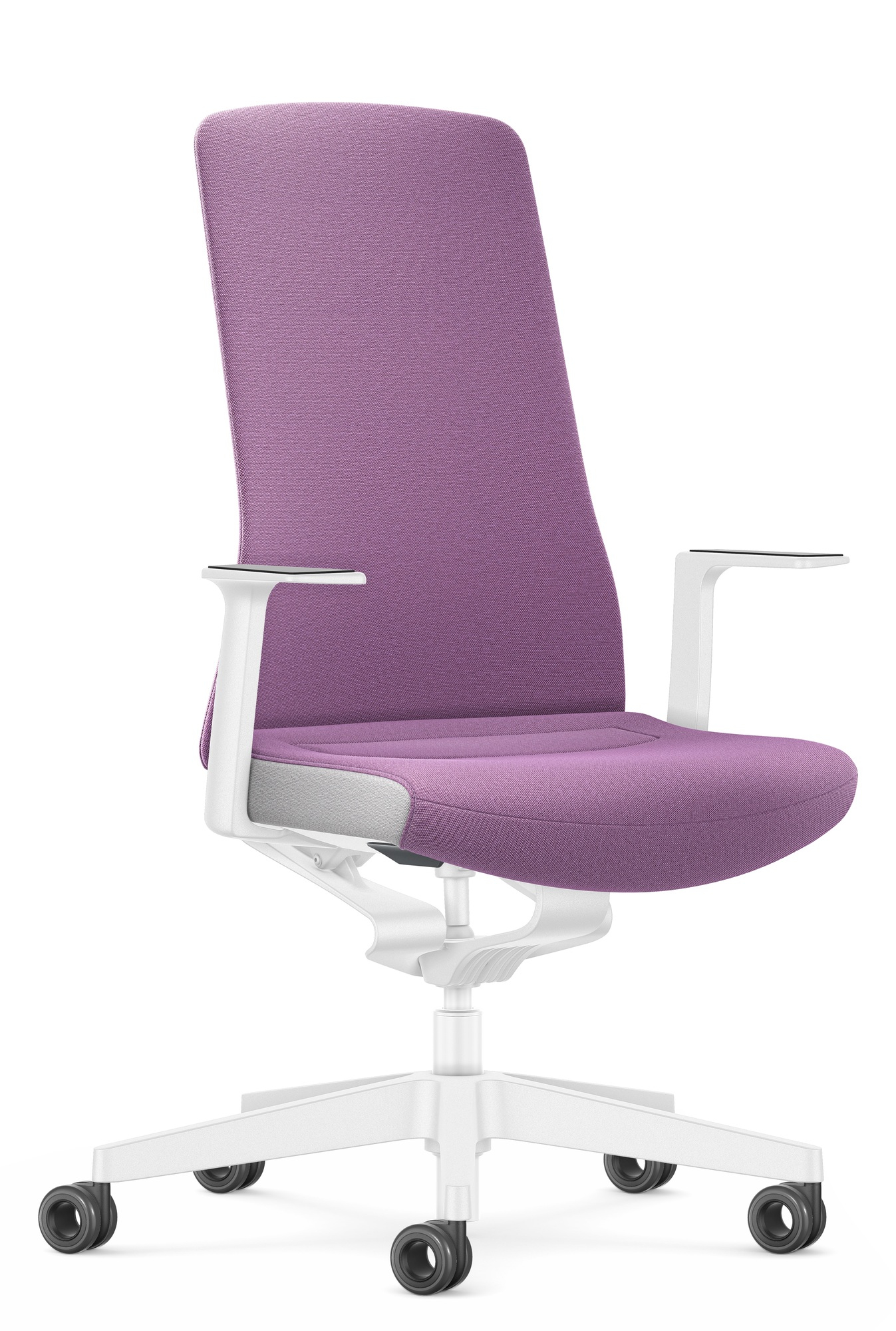 Lila Interstuhl Bürostuhl mit weißem Gestell. Ergonomischer Drehstuhl für das Büro.